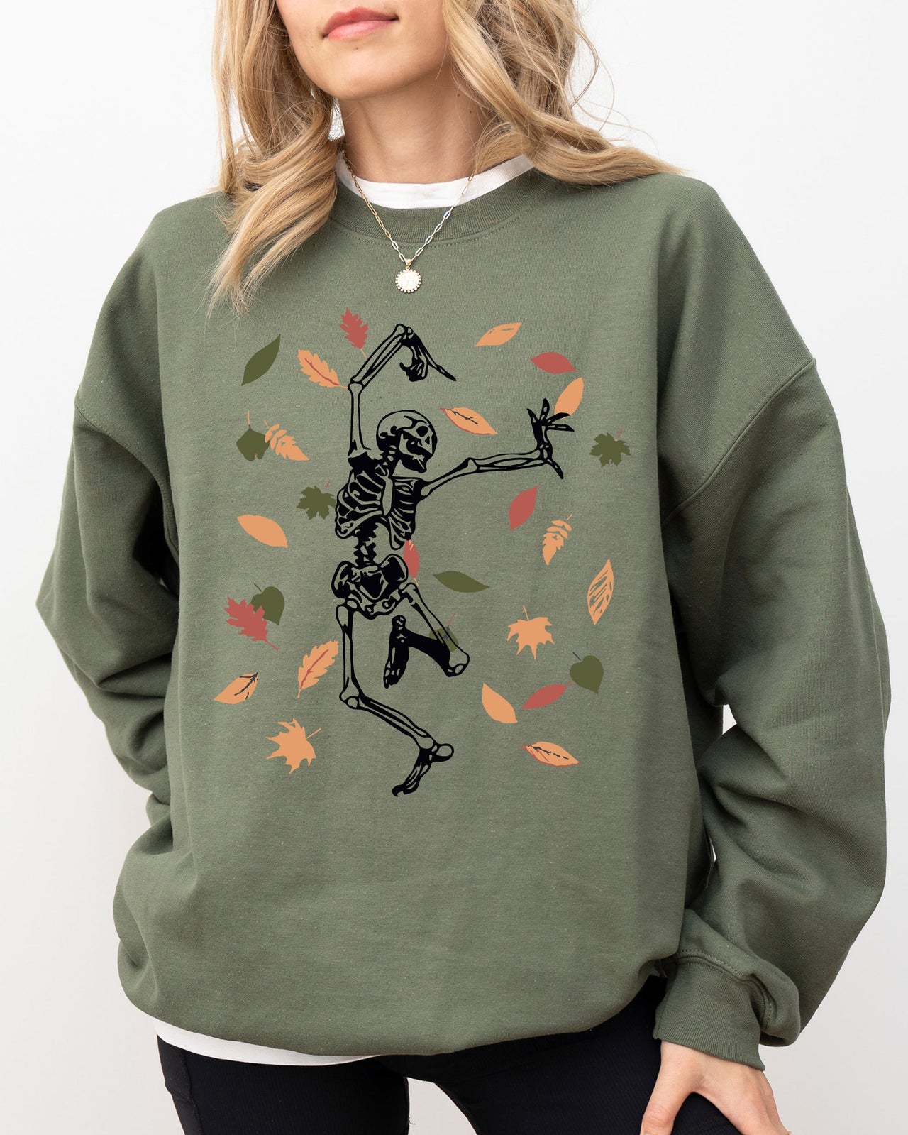 Fall Leaves Skeleton Ghost Witch Skull Meme Spooky Halloween Costume Graphic Sweatshirt