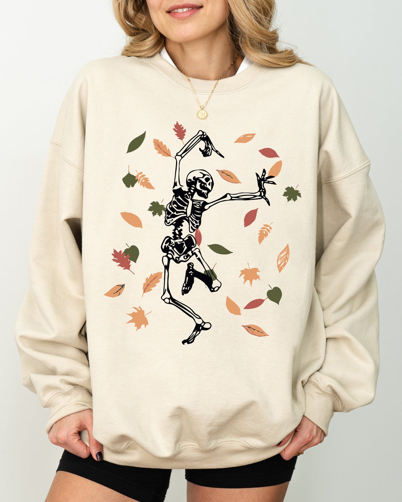 Fall Leaves Skeleton Ghost Witch Skull Meme Spooky Halloween Costume Graphic Sweatshirt