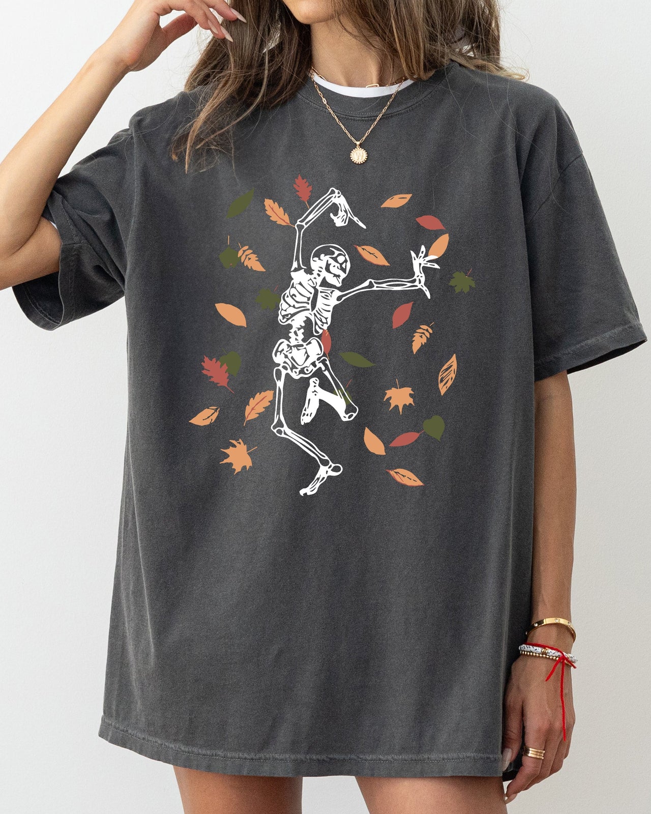 Fall Leaves Skeleton Ghost Witch Skull Spooky Halloween Costume Comfort Colors Tee