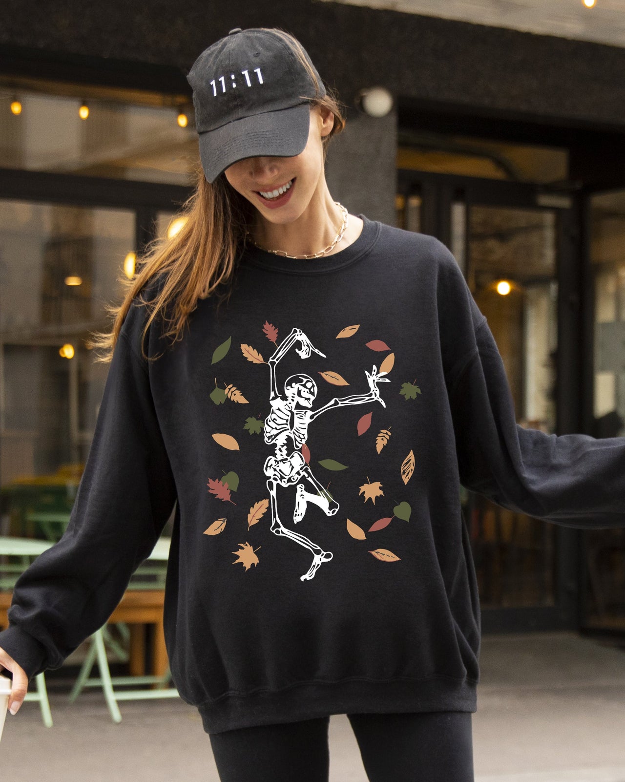 Fall Leaves Skeleton Ghost Witch Skull Meme Spooky Halloween Costume Graphic Sweatshirt