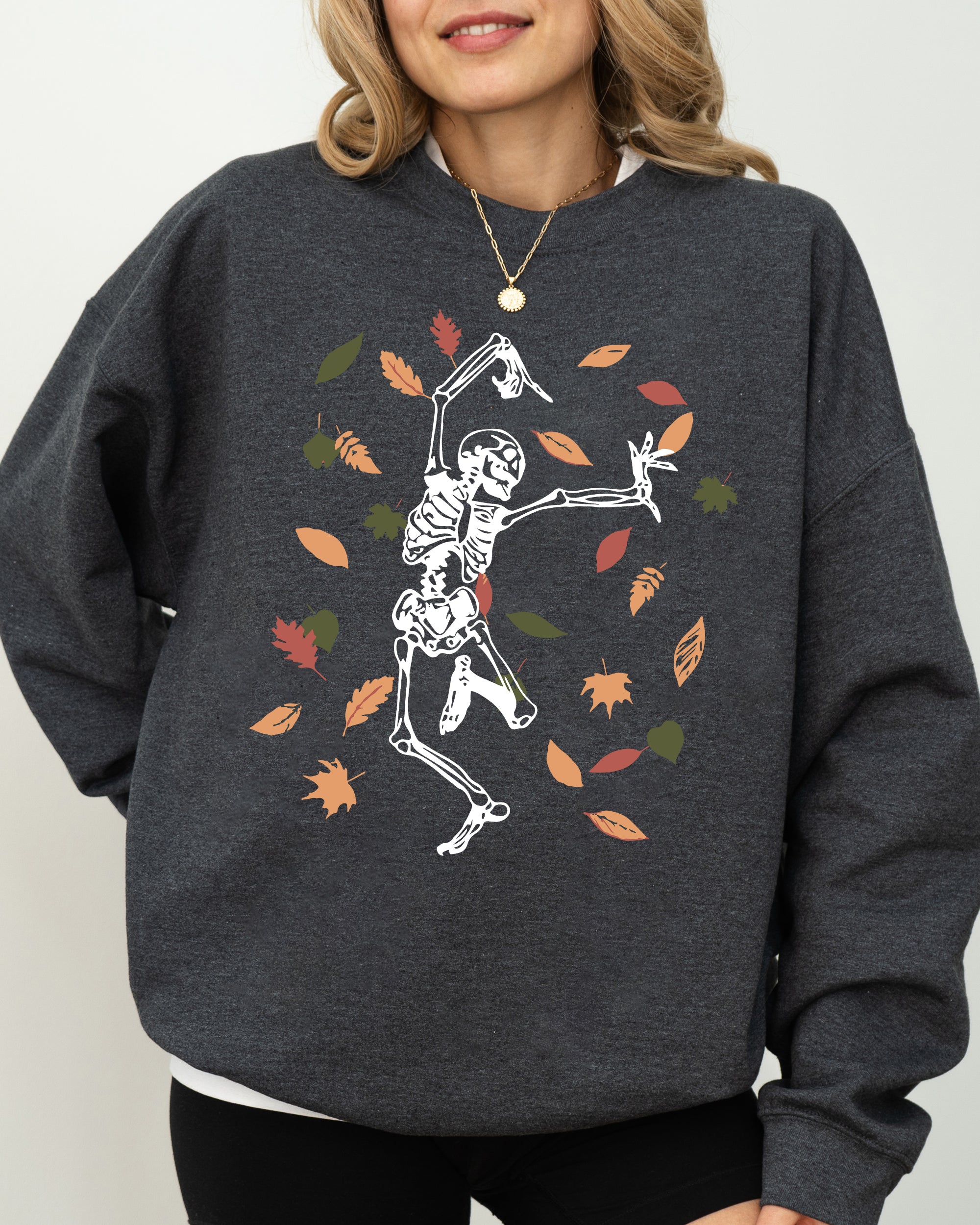 Fall Leaves Skeleton Ghost Witch Skull Meme Spooky Halloween Costume Graphic Sweatshirt