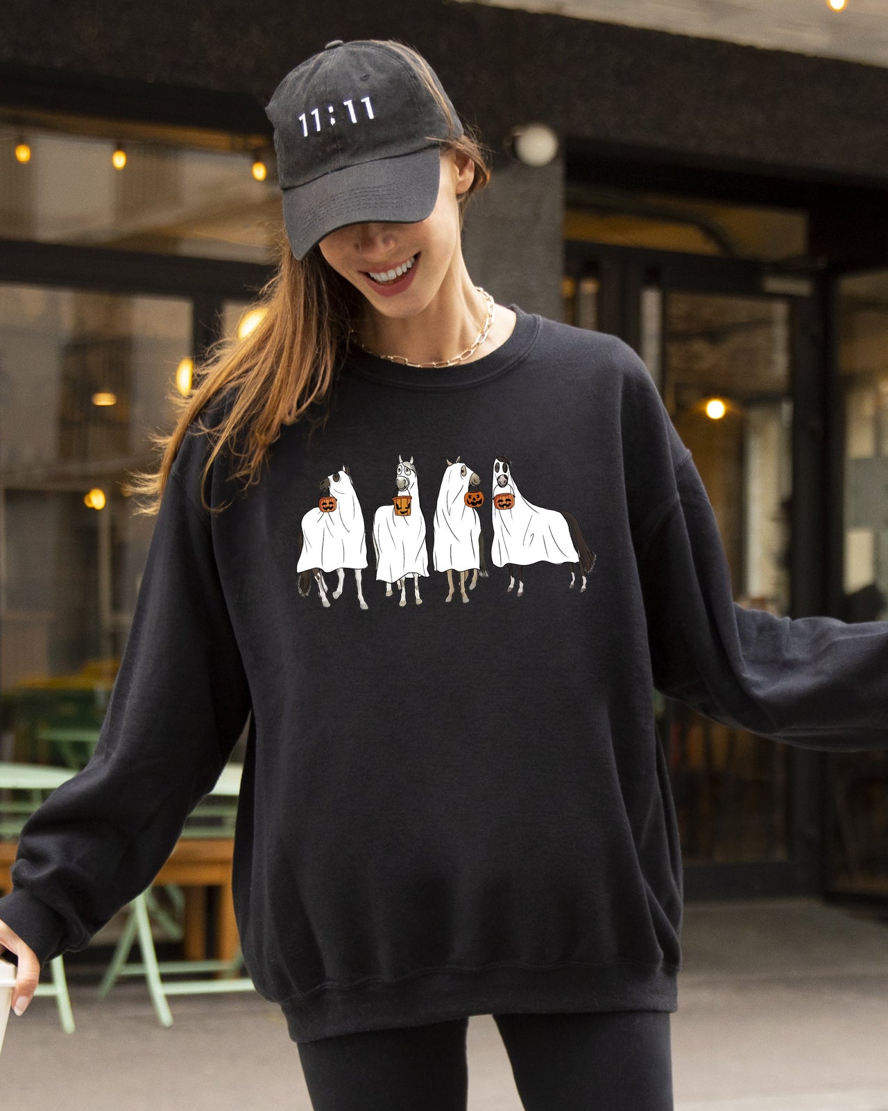 Haunted Horse Ghost Farm Skeleton Witch Skull Halloween Spooky Meme Design Sweatshirt
