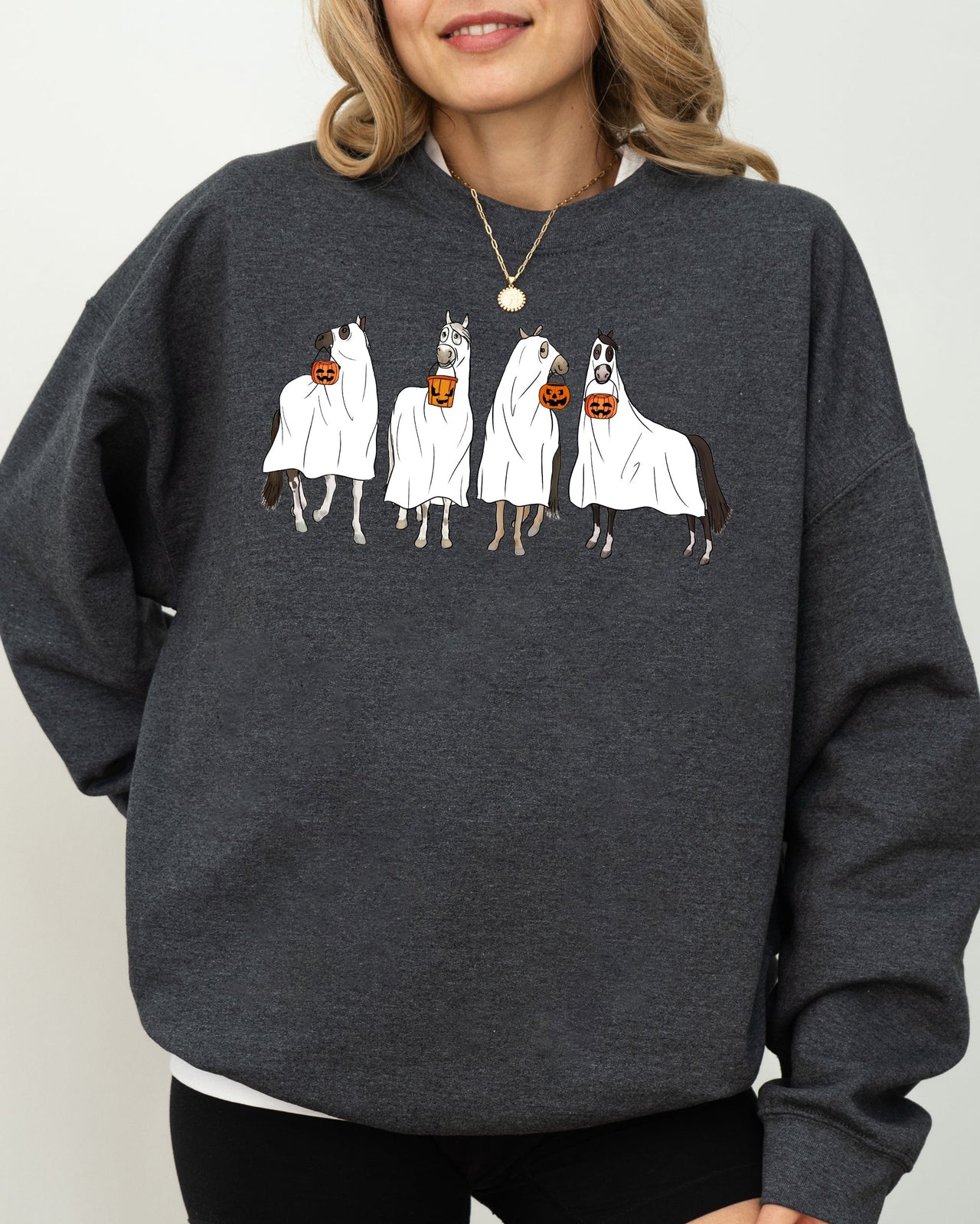 Haunted Horse Ghost Farm Skeleton Witch Skull Halloween Spooky Meme Design Sweatshirt