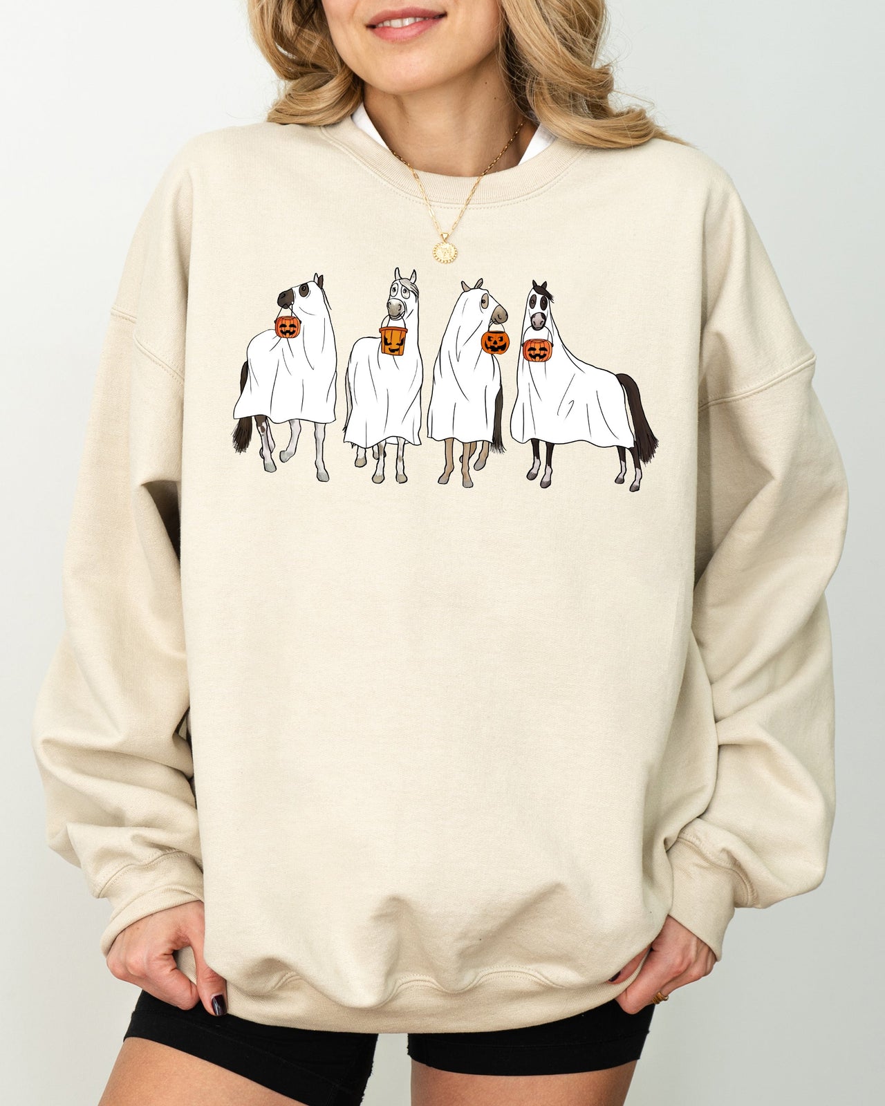 Haunted Horse Ghost Farm Skeleton Witch Skull Halloween Spooky Meme Design Sweatshirt