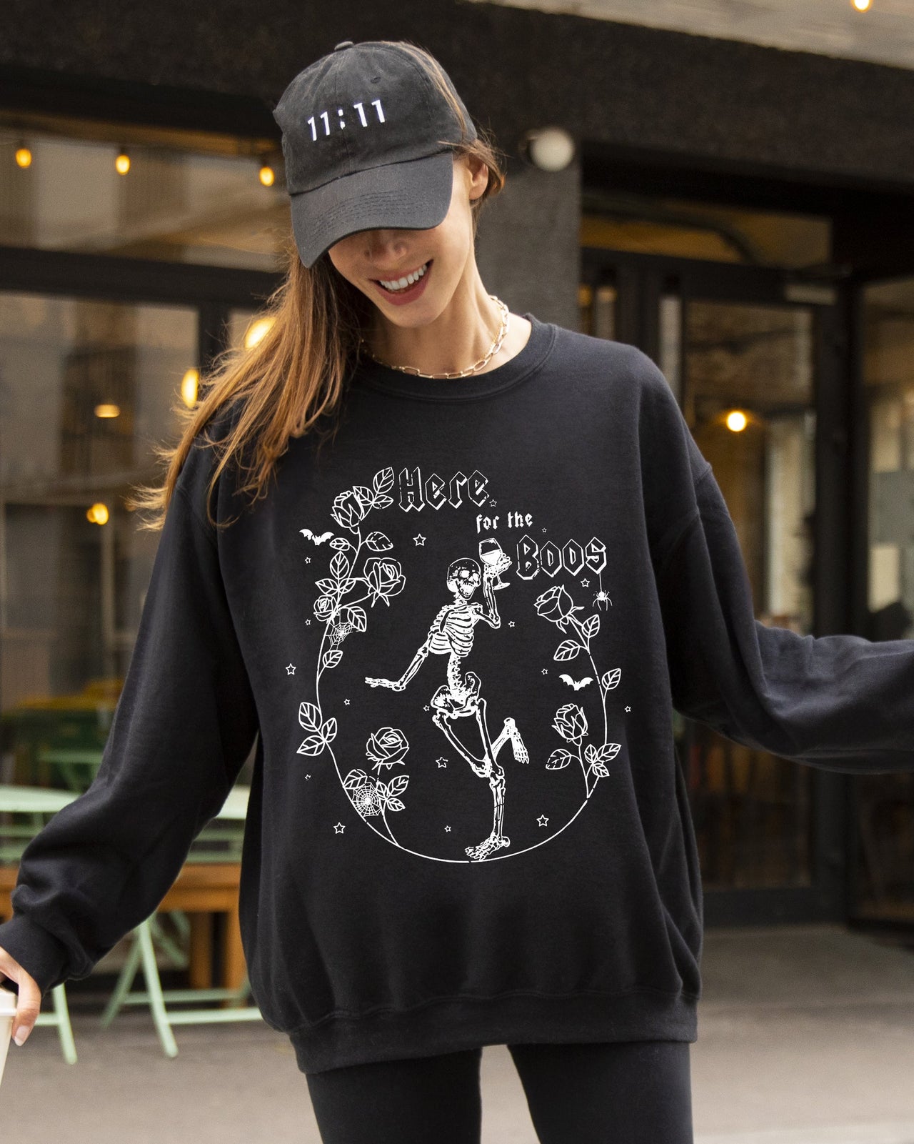 Here For The Boos Skeleton Ghost Witch Skull Spooky Aesthetic Meme Halloween Costume Sweatshirt