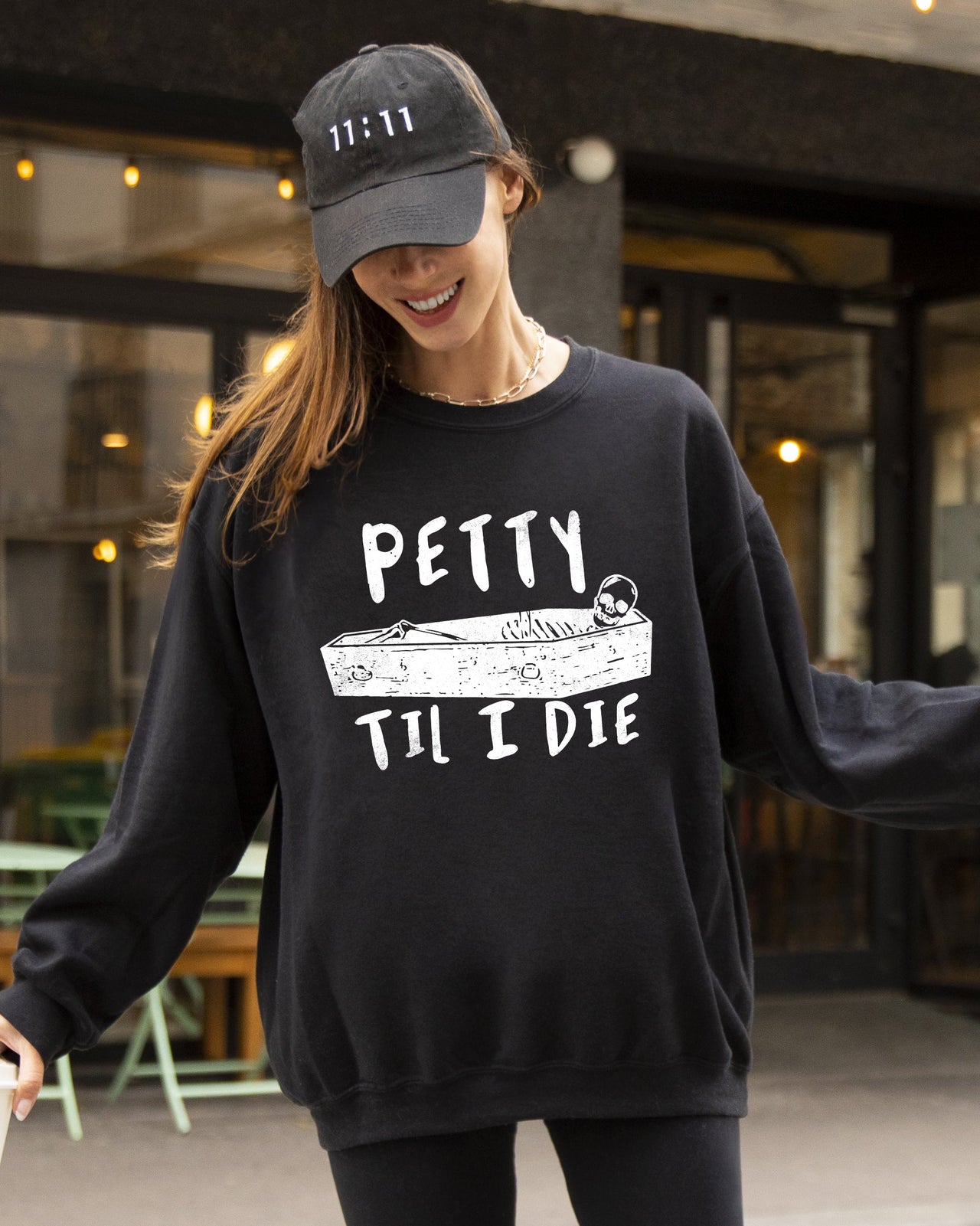 Petty Til I Die Skeleton Witch Skull Spooky Halloween Costume Graphic Sweatshirt