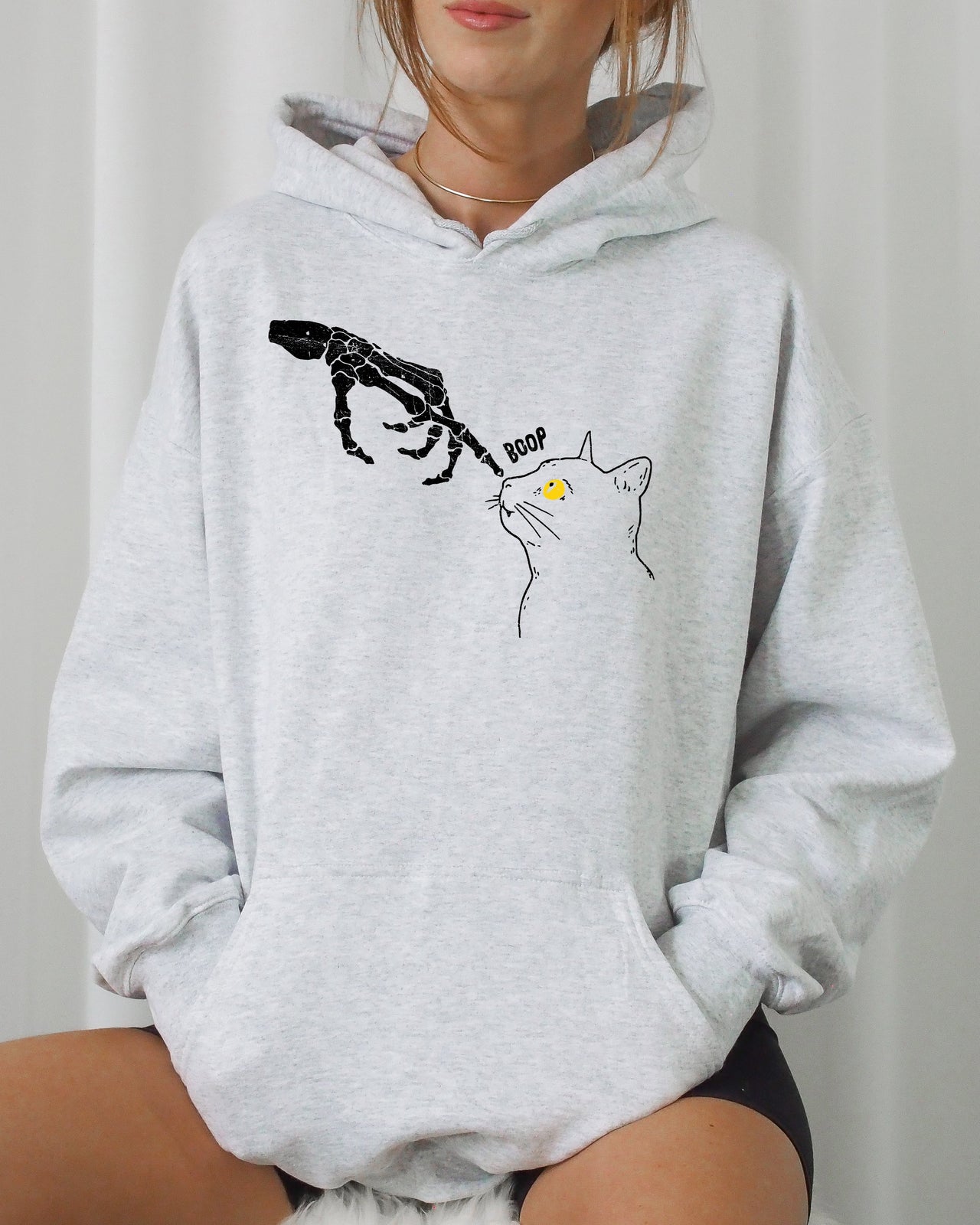 Boop Cat Skeleton Ghost Witch Skull Spooky Meme Halloween Costume Party Night Hoodie