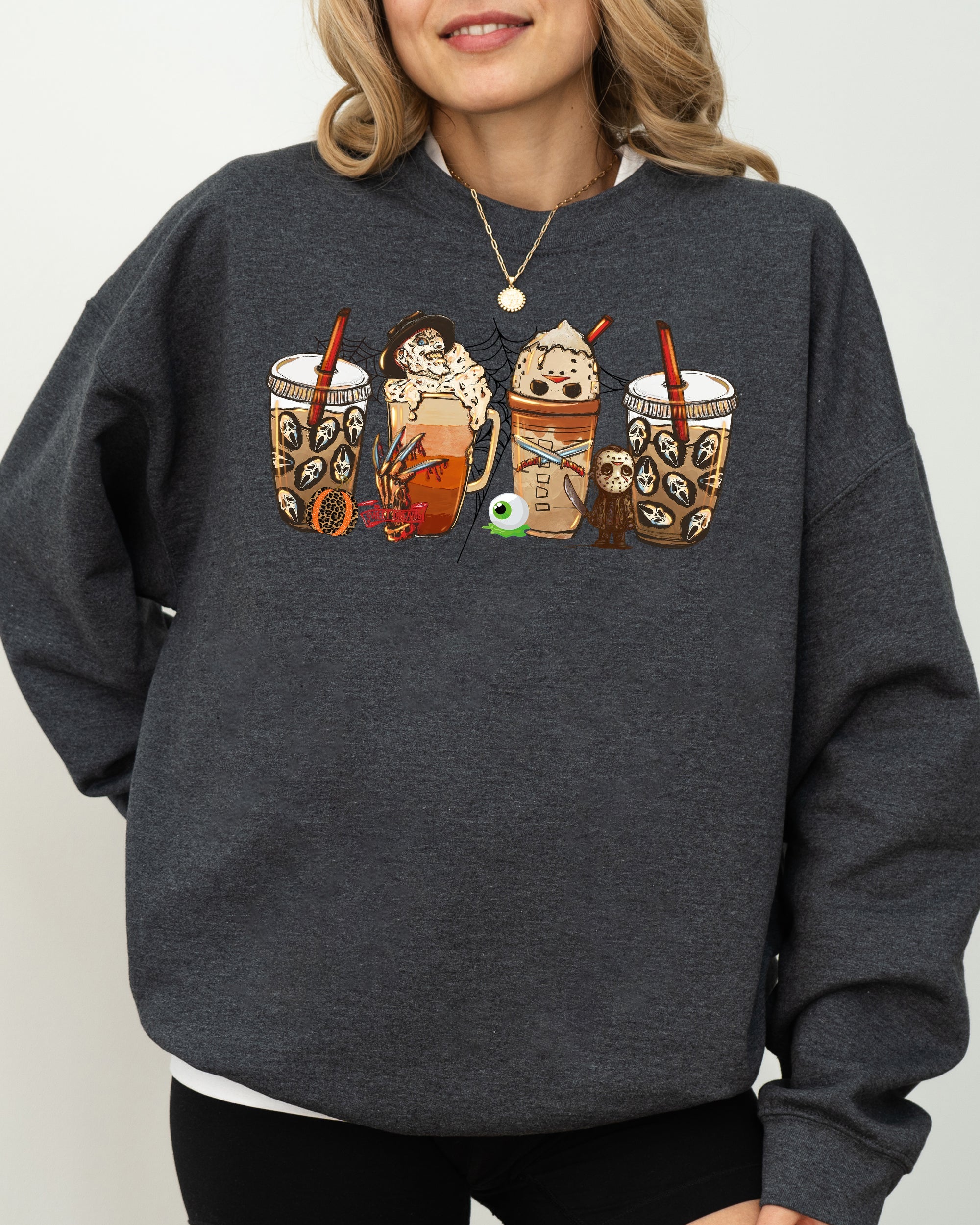 Halloween Coffee With Skeleton Ghost Witch Skull Spooky Meme Mashup Edition Sweatshirt