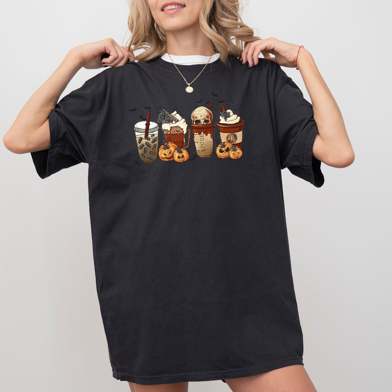 Halloween Coffee Retro Skeleton Ghost Witch Skull Spooky Meme Costume Comfort Colors Tee