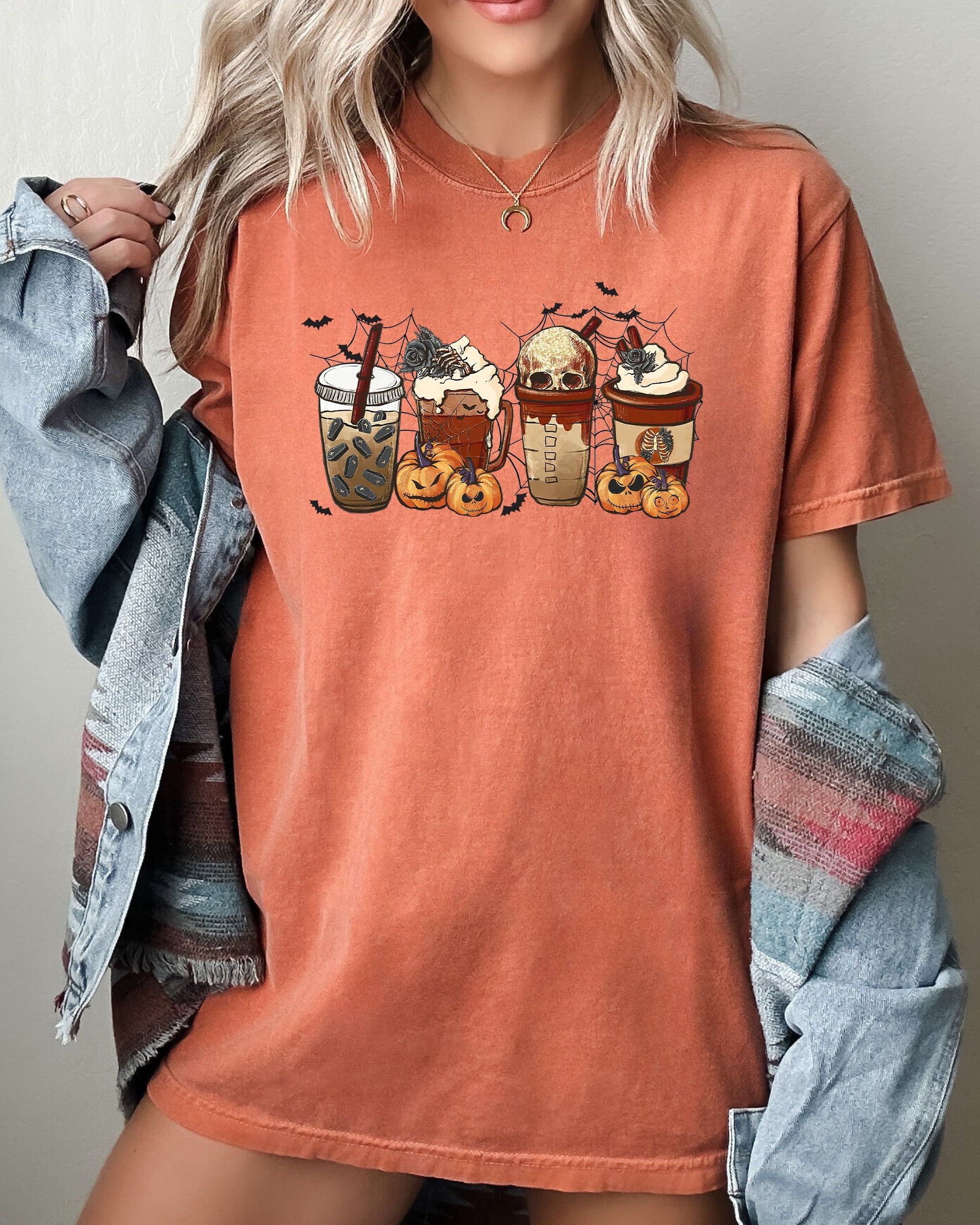 Halloween Coffee Retro Skeleton Ghost Witch Skull Spooky Meme Costume Comfort Colors Tee