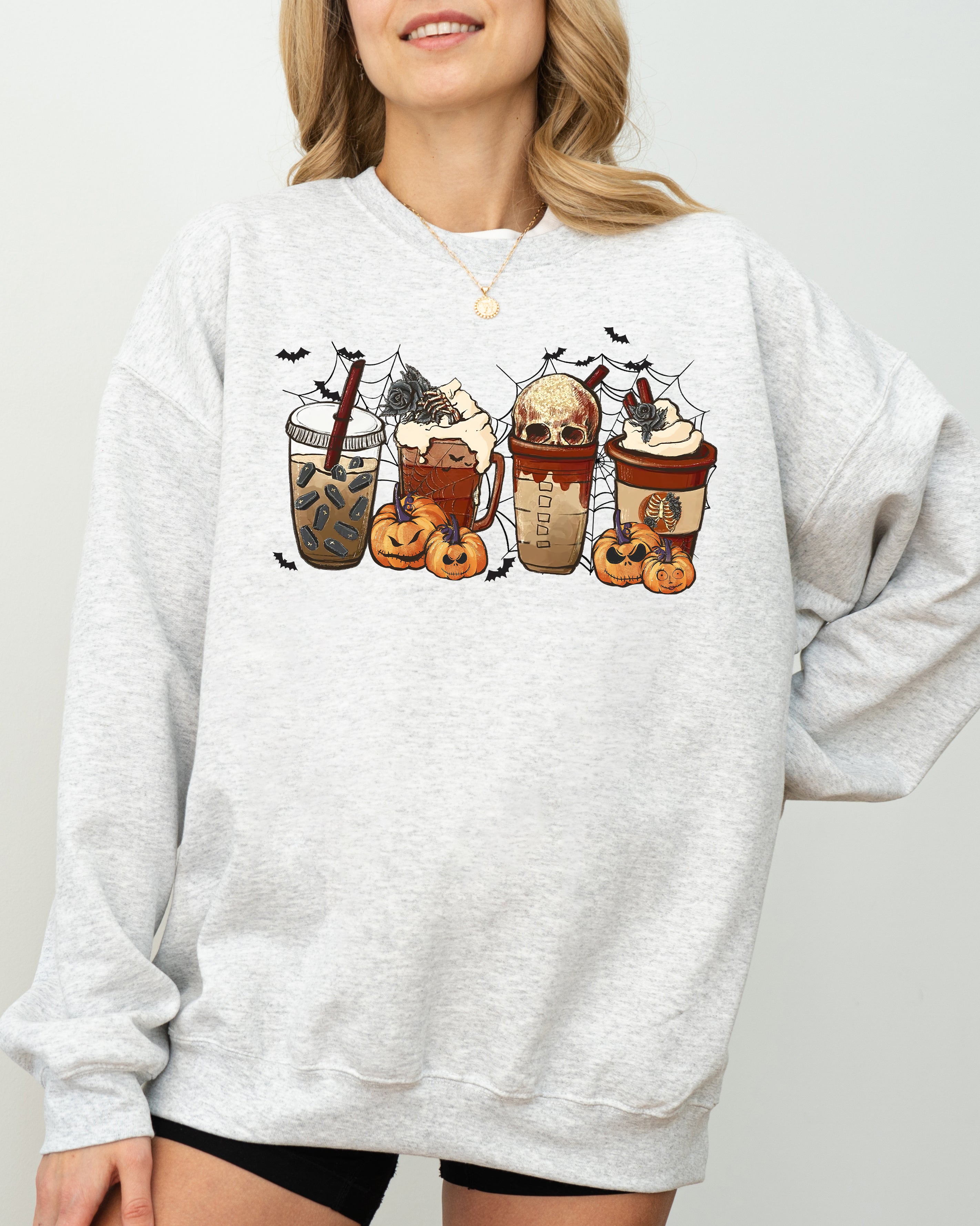 Halloween Coffee Retro Skeleton Ghost Witch Skull Spooky Meme Graphic Print Sweatshirt