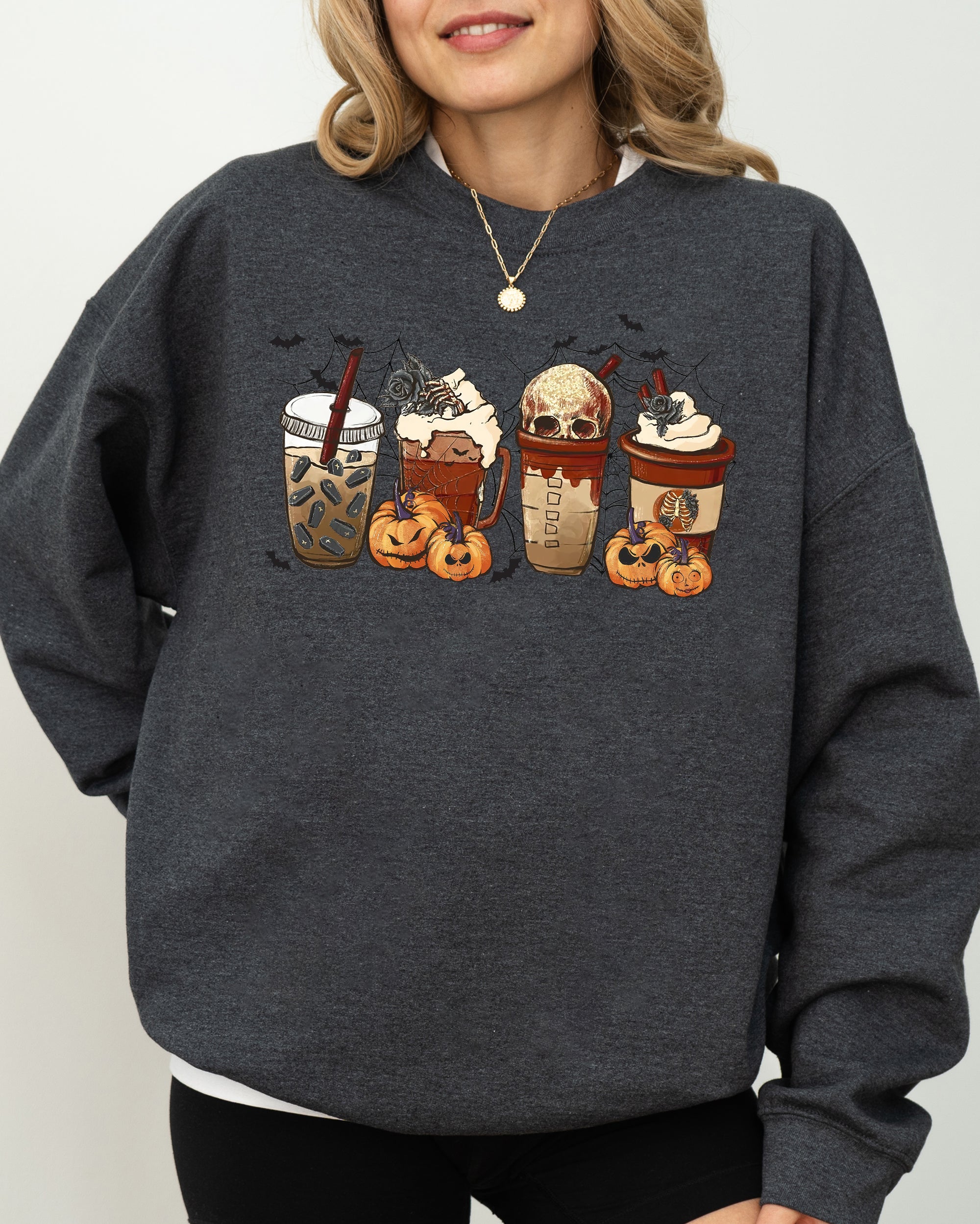 Halloween Coffee Retro Skeleton Ghost Witch Skull Spooky Meme Graphic Print Sweatshirt