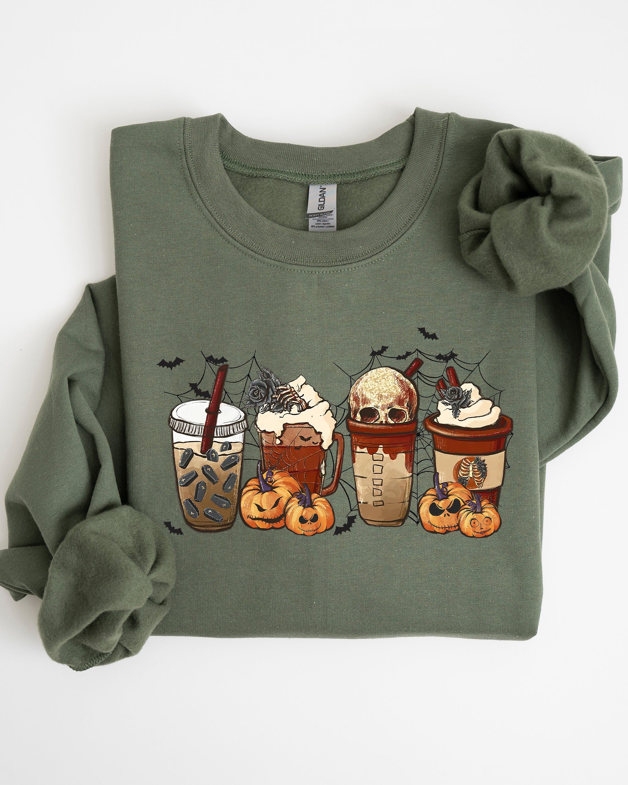 Halloween Coffee Retro Skeleton Ghost Witch Skull Spooky Meme Graphic Print Sweatshirt