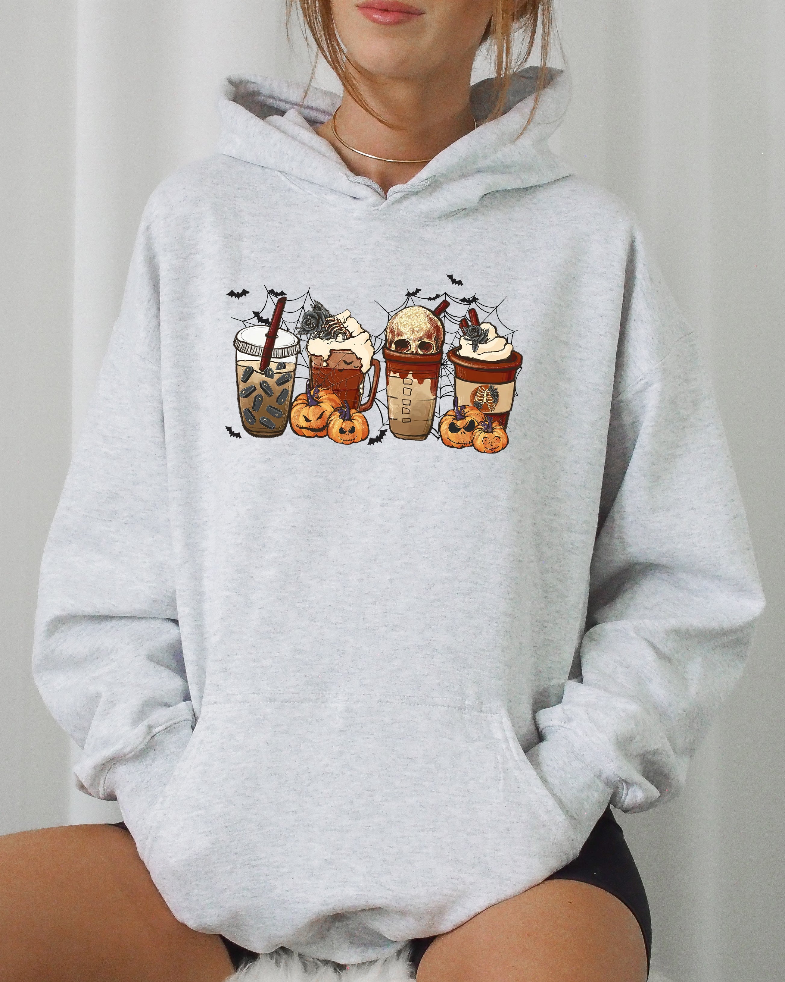 Halloween Coffee Retro Skeleton Ghost Witch Skull Spooky Meme Graphic Hooded Sweatshirt
