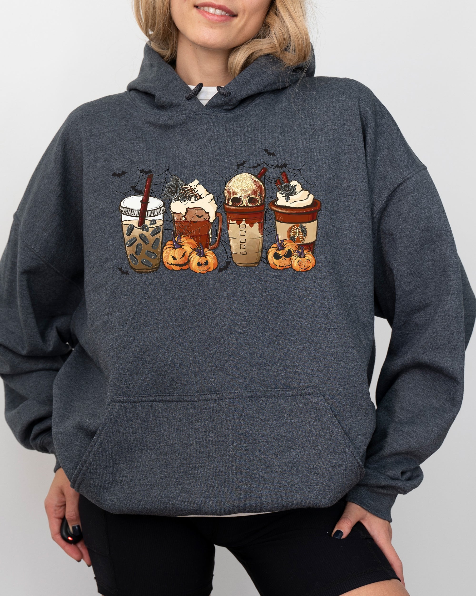Halloween Coffee Retro Skeleton Ghost Witch Skull Spooky Meme Graphic Hooded Sweatshirt