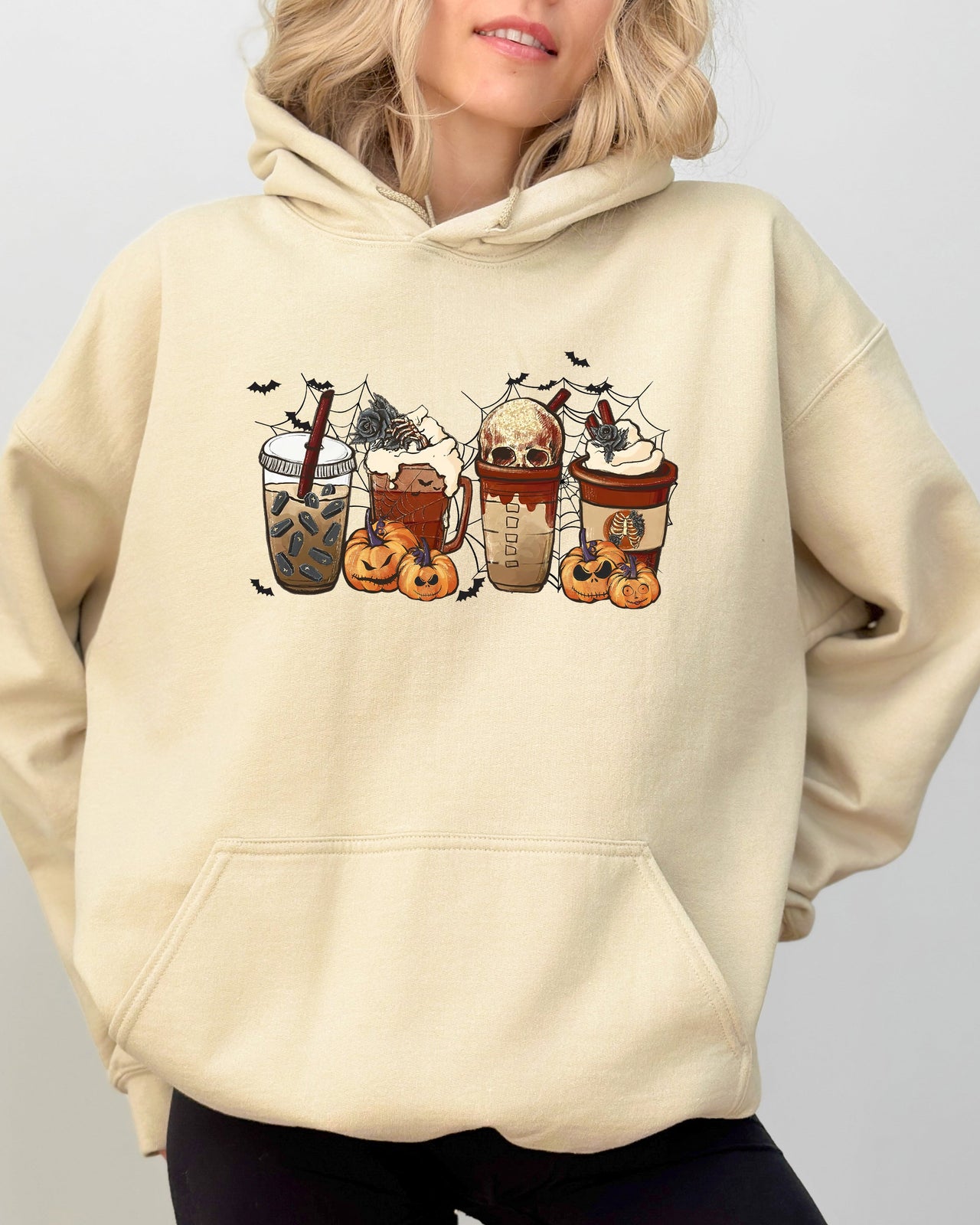 Halloween Coffee Retro Skeleton Ghost Witch Skull Spooky Meme Graphic Hooded Sweatshirt