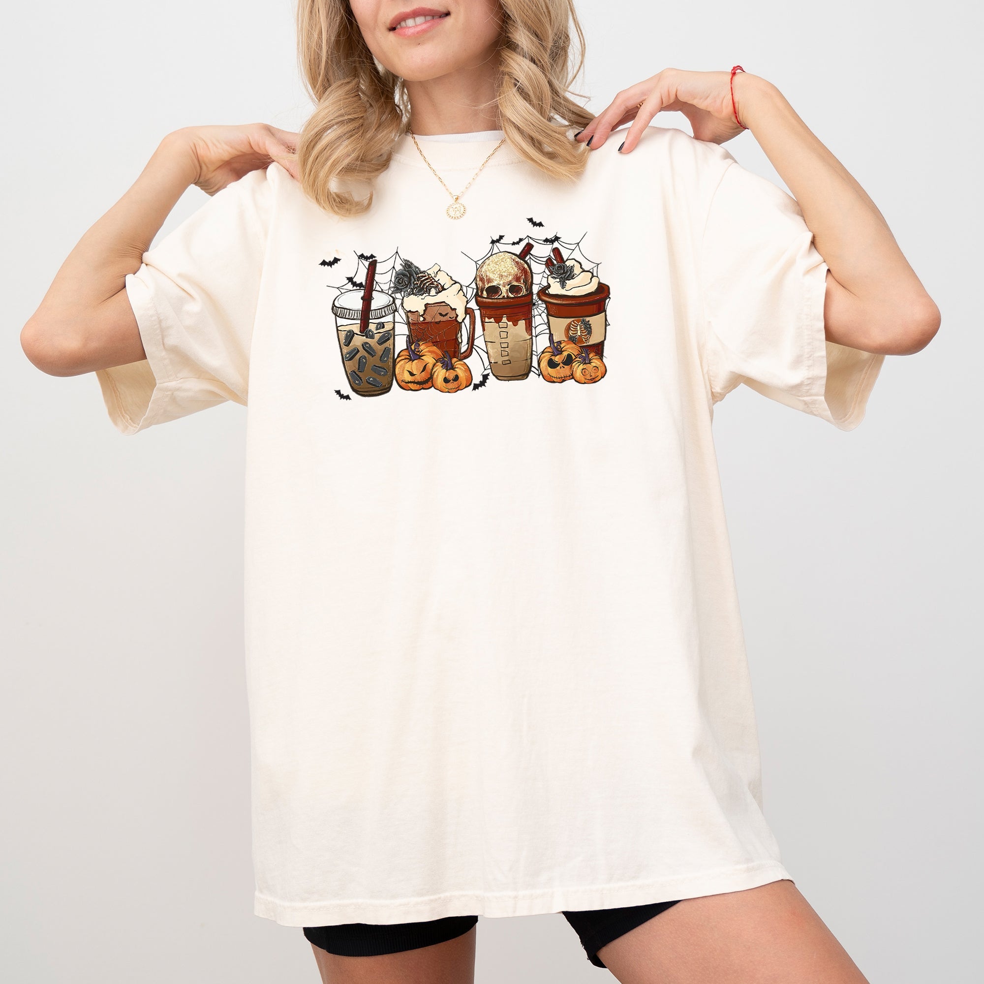 Halloween Coffee Retro Skeleton Ghost Witch Skull Spooky Meme Costume Comfort Colors Tee