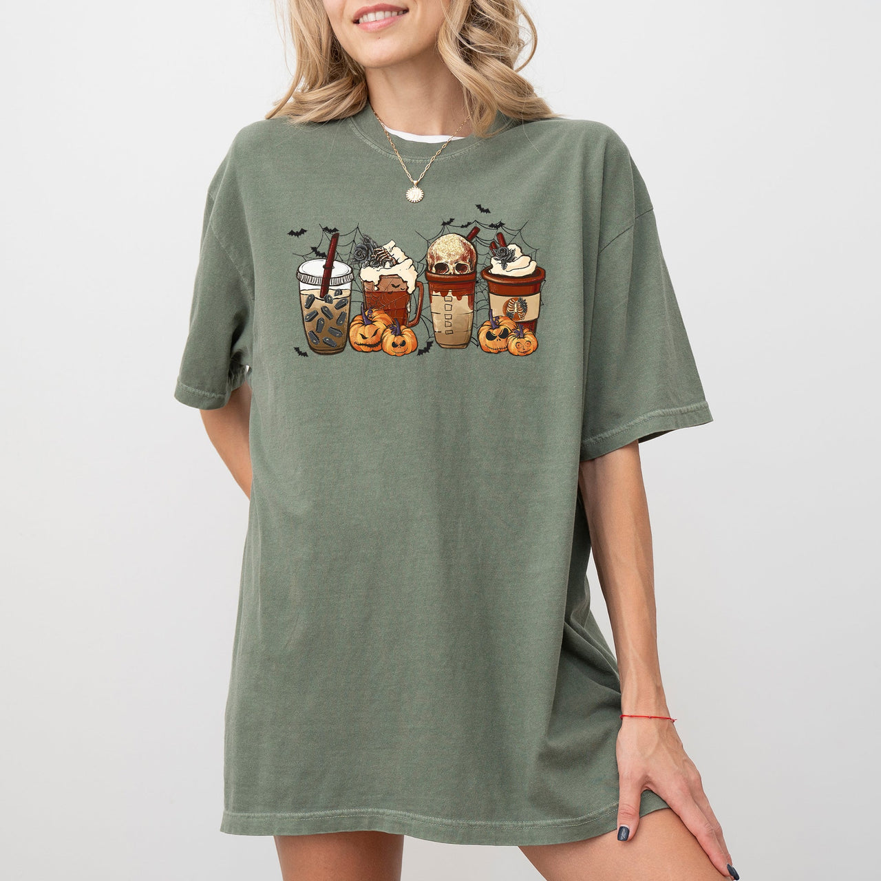 Halloween Coffee Retro Skeleton Ghost Witch Skull Spooky Meme Costume Comfort Colors Tee