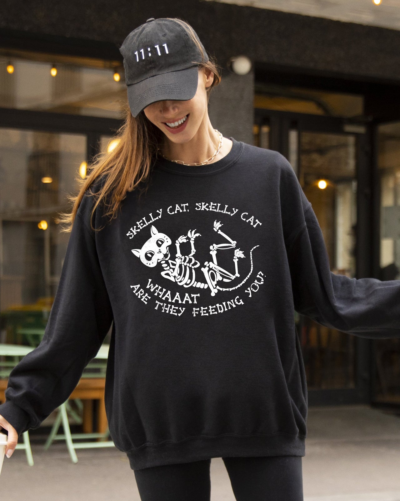 Skelly Cat Skeleton Ghost Witch Skull Spooky Aesthetic Meme Halloween Costume Sweatshirt