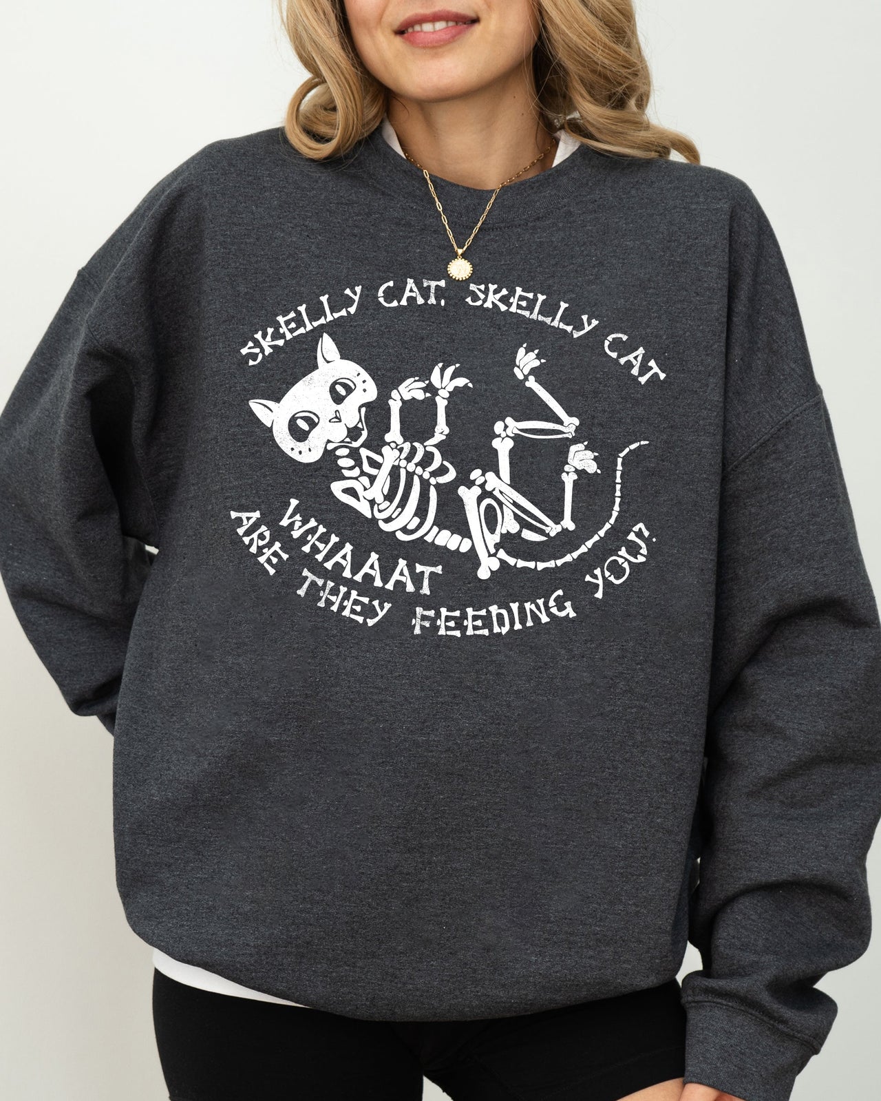 Skelly Cat Skeleton Ghost Witch Skull Spooky Aesthetic Meme Halloween Costume Sweatshirt