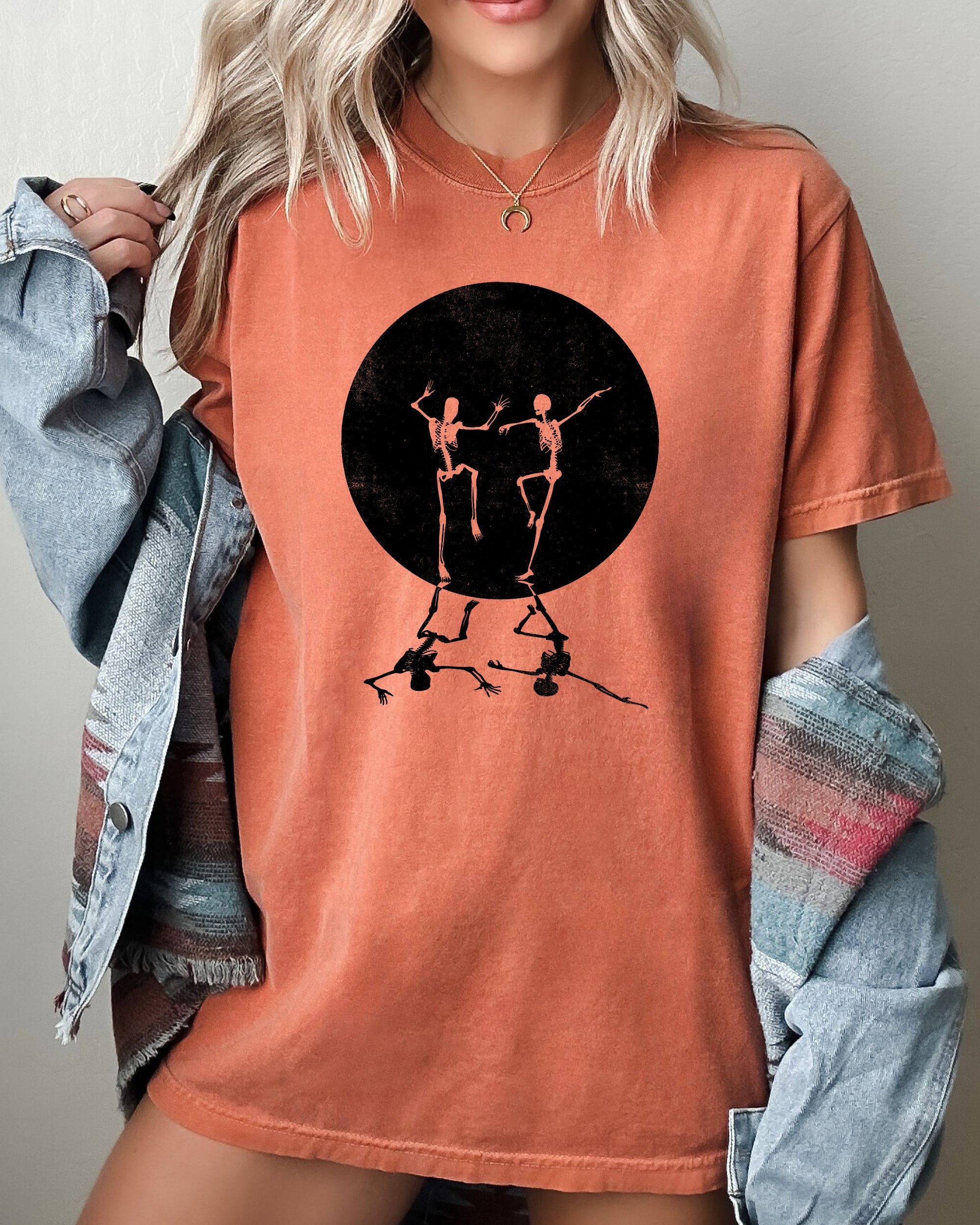 Dancing Skeletons Moon Ghost Witch Skull Spooky Halloween Costume Comfort Colors Tee