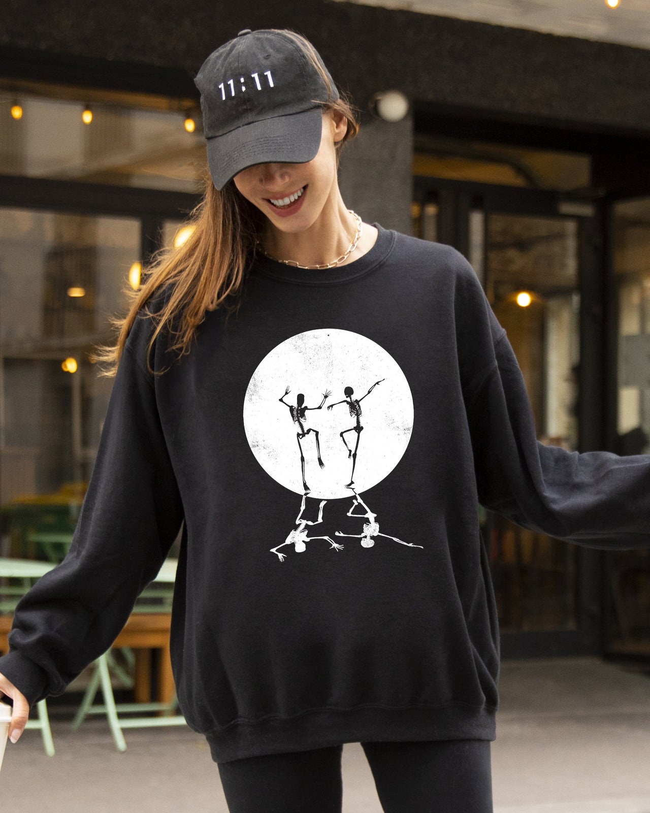Dancing Skeletons Moon Ghost Witch Skull Spooky Meme Halloween Costume Sweatshirt