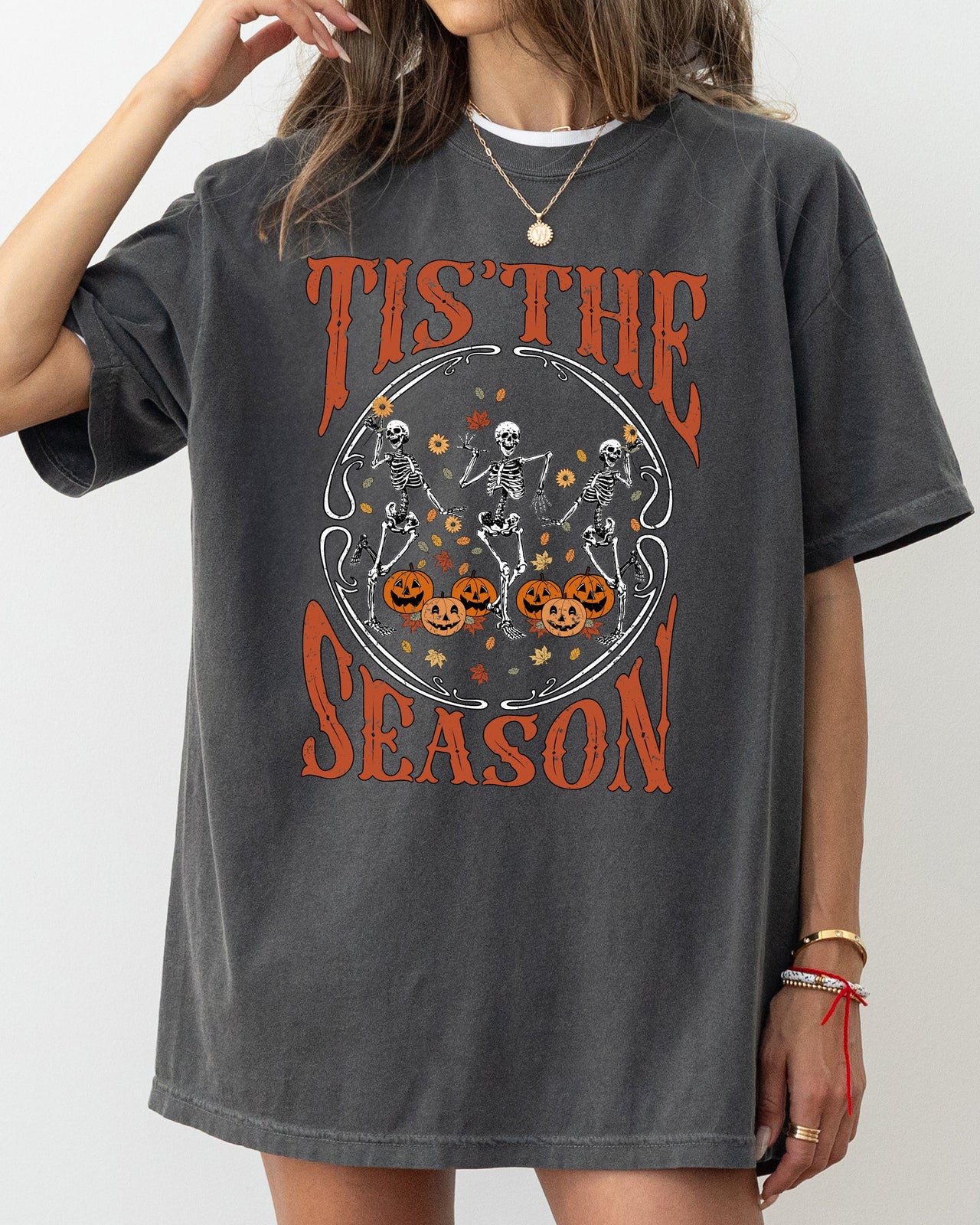 Tis The Season Retro Skeleton Ghost Witch Skull Spooky Meme Halloween Comfort Colors Tee