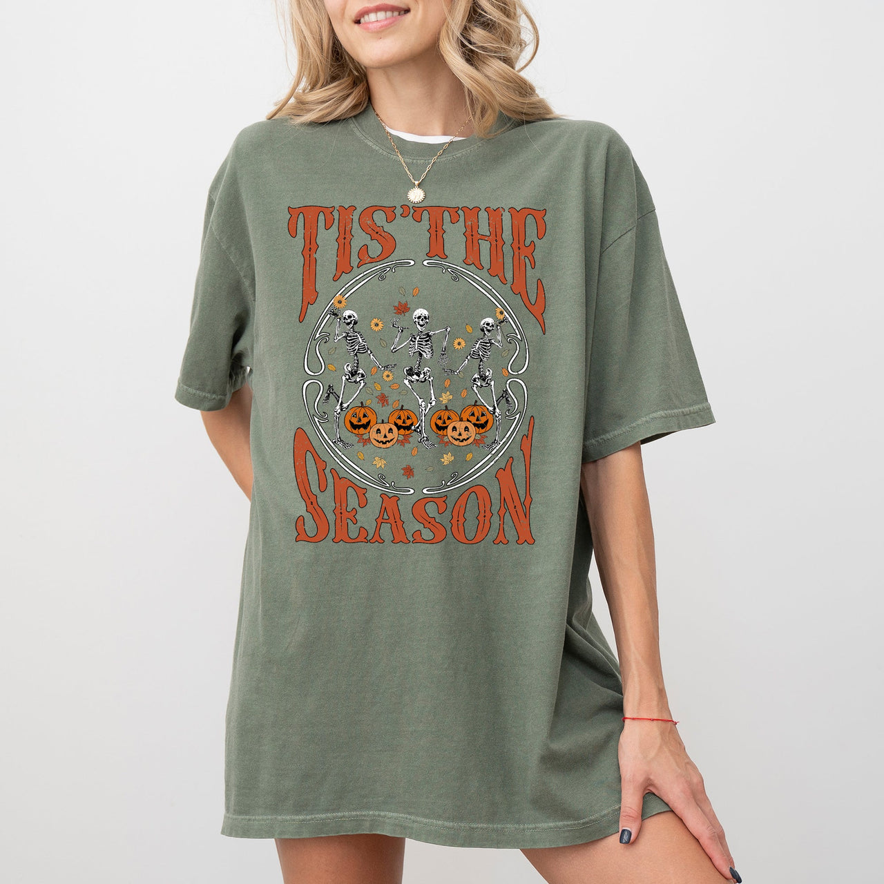 Tis The Season Retro Skeleton Ghost Witch Skull Spooky Meme Halloween Comfort Colors Tee