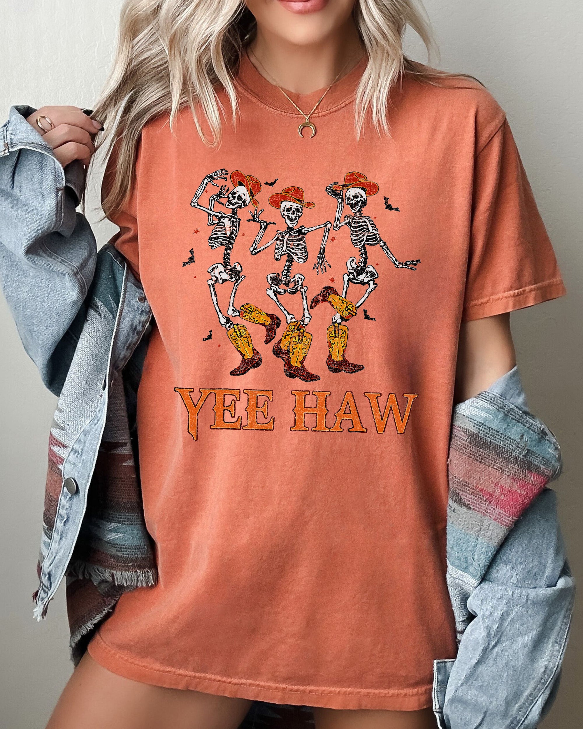 Yee Haw Western Skeleton Ghost Witch Skull Spooky Aesthetic Meme Halloween Costume Comfort Colors Tee
