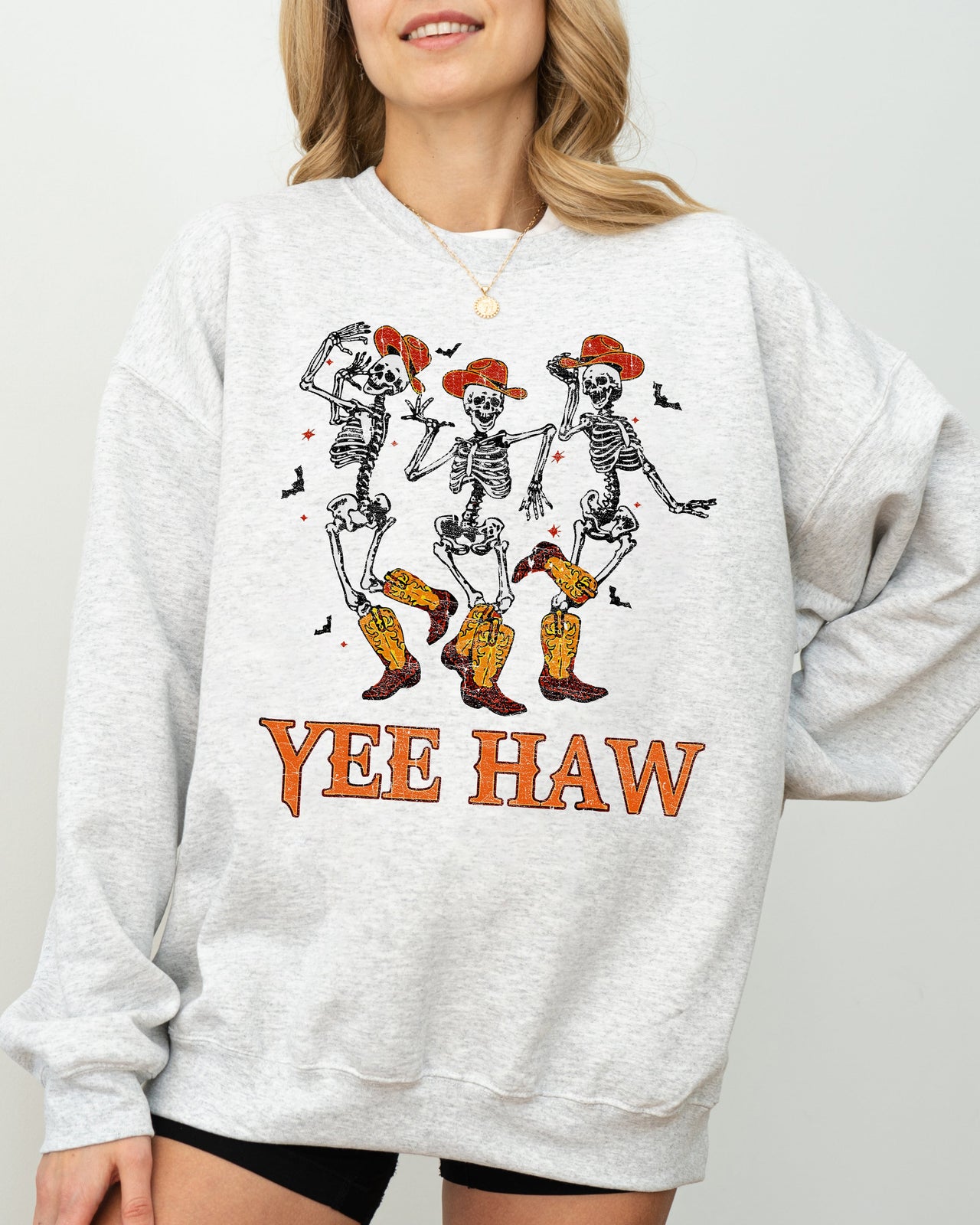 Yee Haw Western Skeleton Ghost Witch Skull Spooky Meme Halloween Graphic Sweatshirt