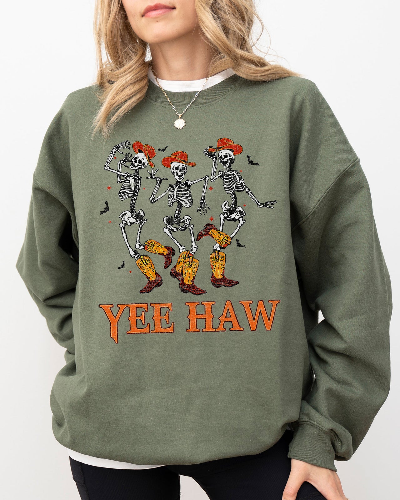 Yee Haw Western Skeleton Ghost Witch Skull Spooky Meme Halloween Graphic Sweatshirt