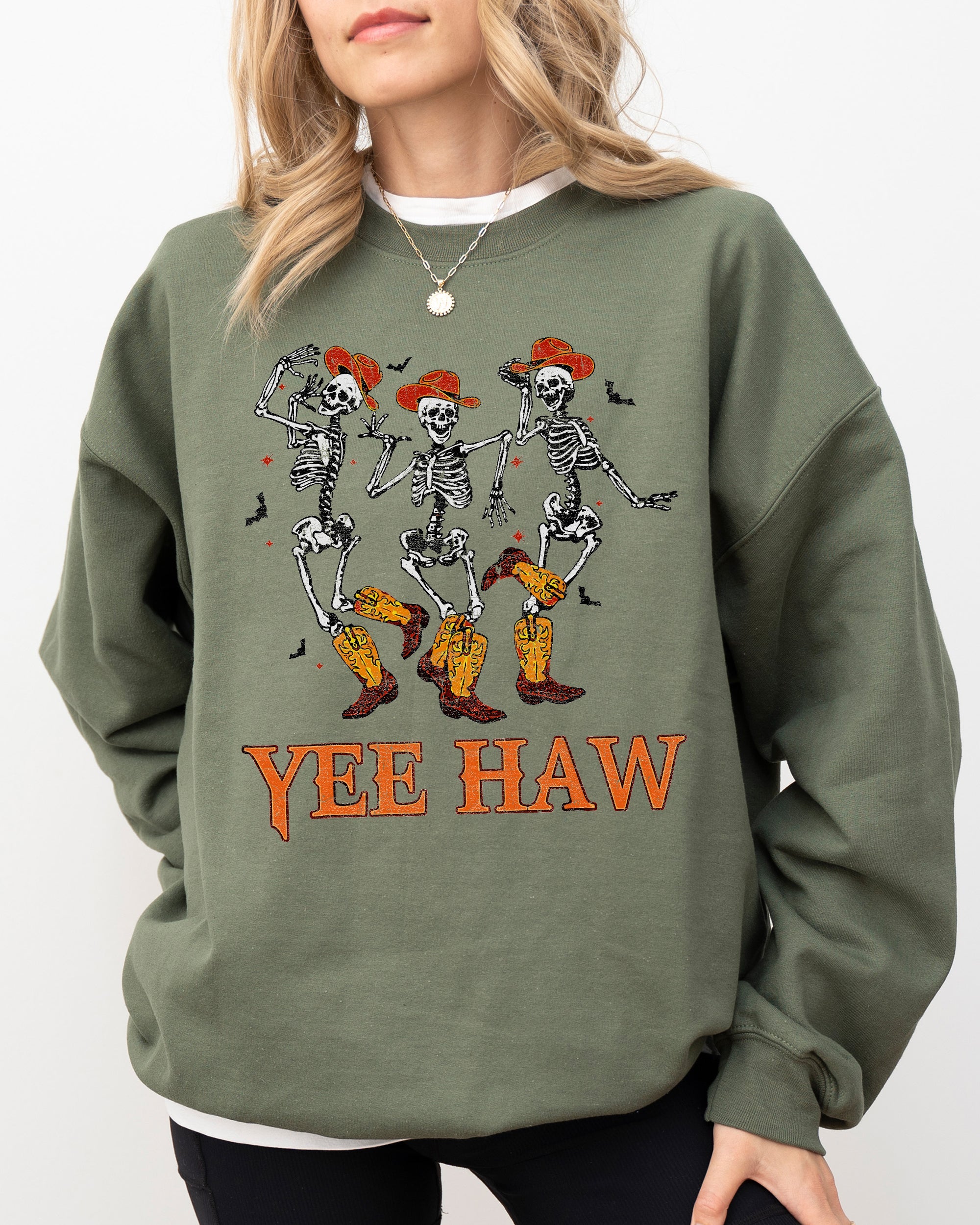 Yee Haw Western Skeleton Ghost Witch Skull Spooky Meme Halloween Graphic Sweatshirt