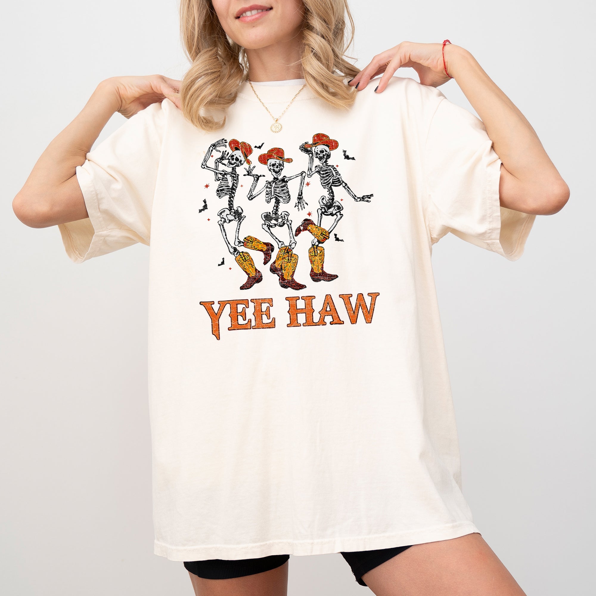 Yee Haw Western Skeleton Ghost Witch Skull Spooky Aesthetic Meme Halloween Costume Comfort Colors Tee