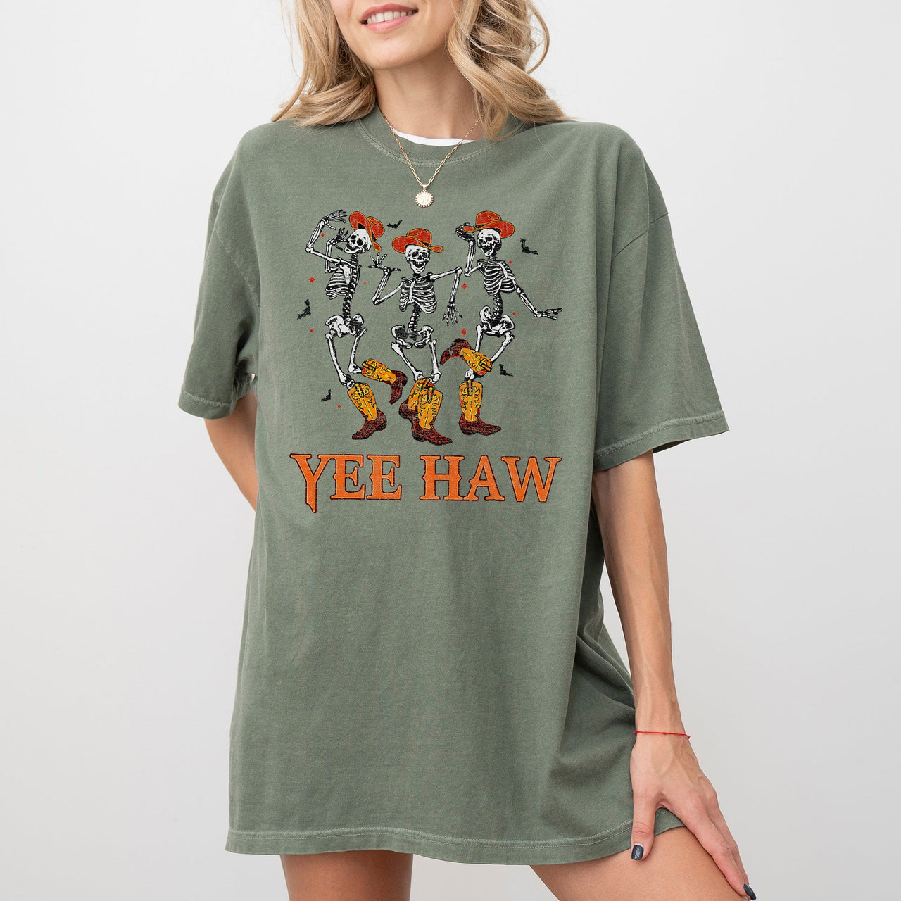Yee Haw Western Skeleton Ghost Witch Skull Spooky Aesthetic Meme Halloween Costume Comfort Colors Tee