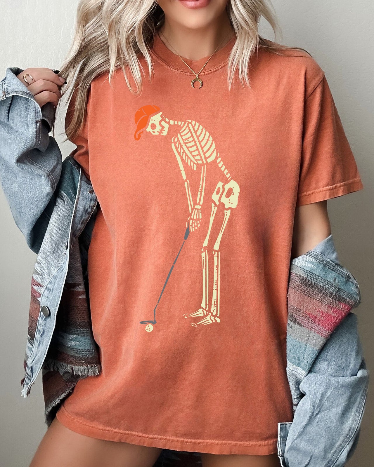 Golf Player Skeleton Ghost Witch Skull Spooky Aesthetic Meme Halloween Comfort Colors Tee