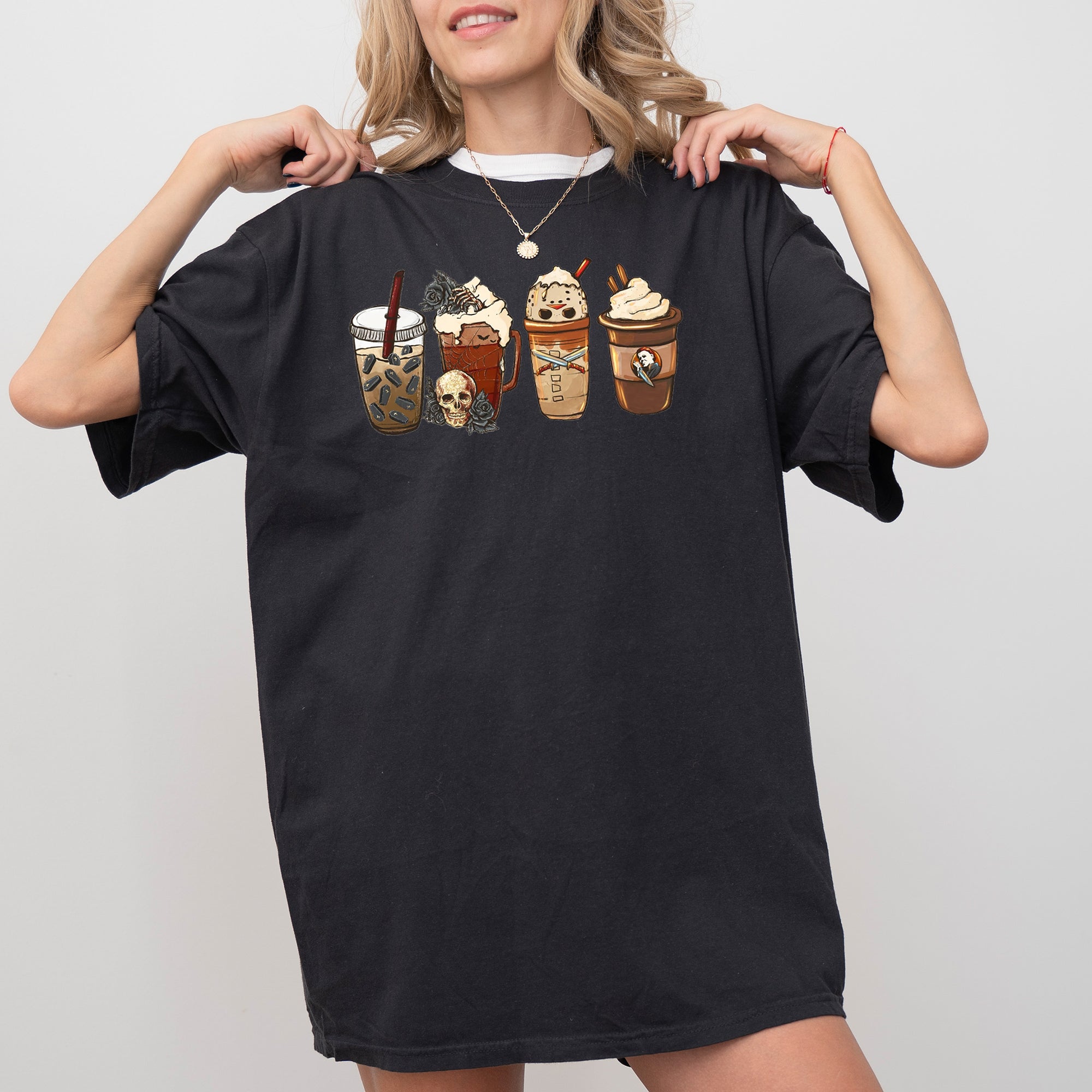 Halloween Coffee Spooky Skeleton Ghost Witch Skull Meme Costume Exclusive Comfort Colors Tee