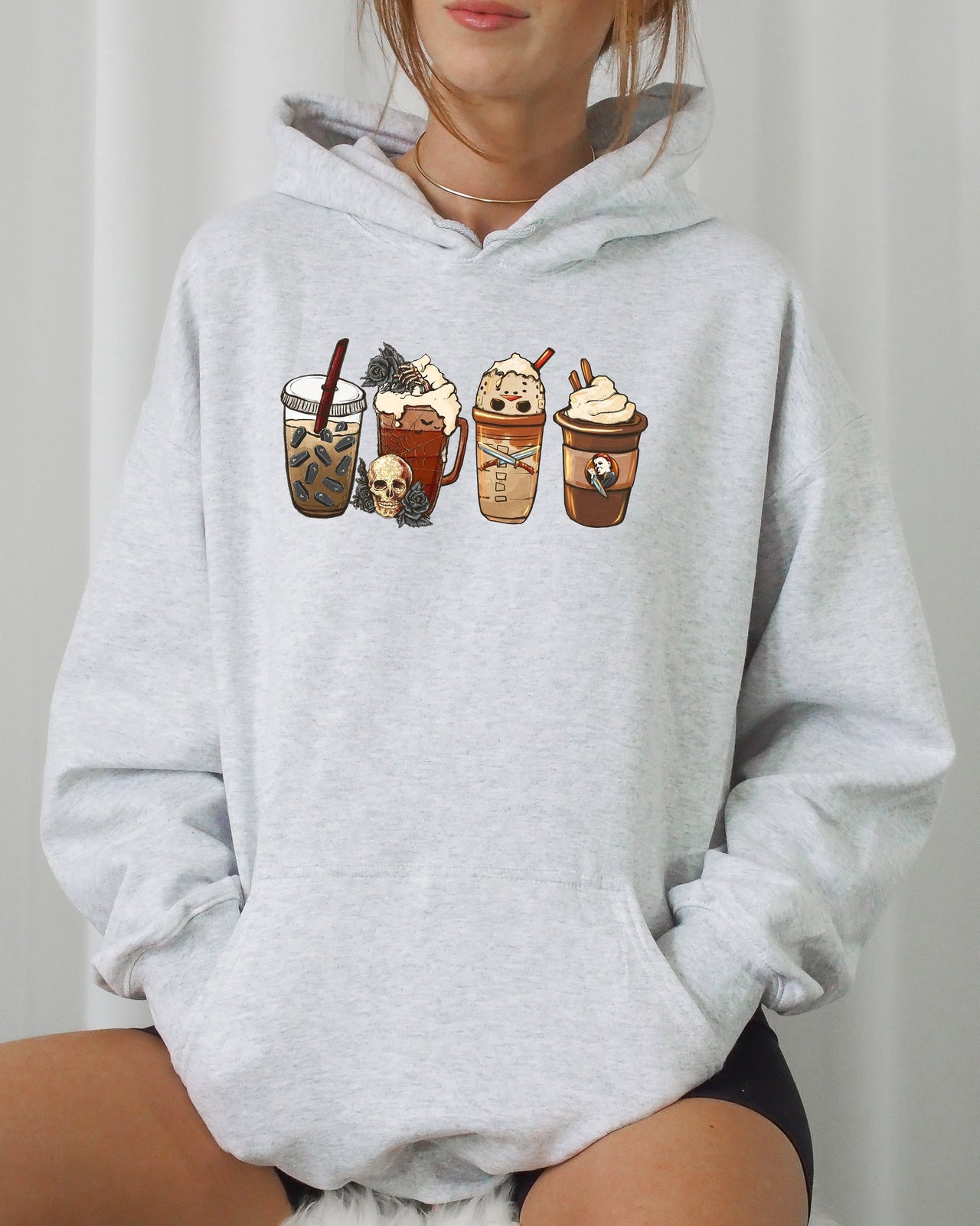 Halloween Coffee Spooky Skeleton Ghost Witch Skull Meme Vibes Edition Hooded Sweatshirt