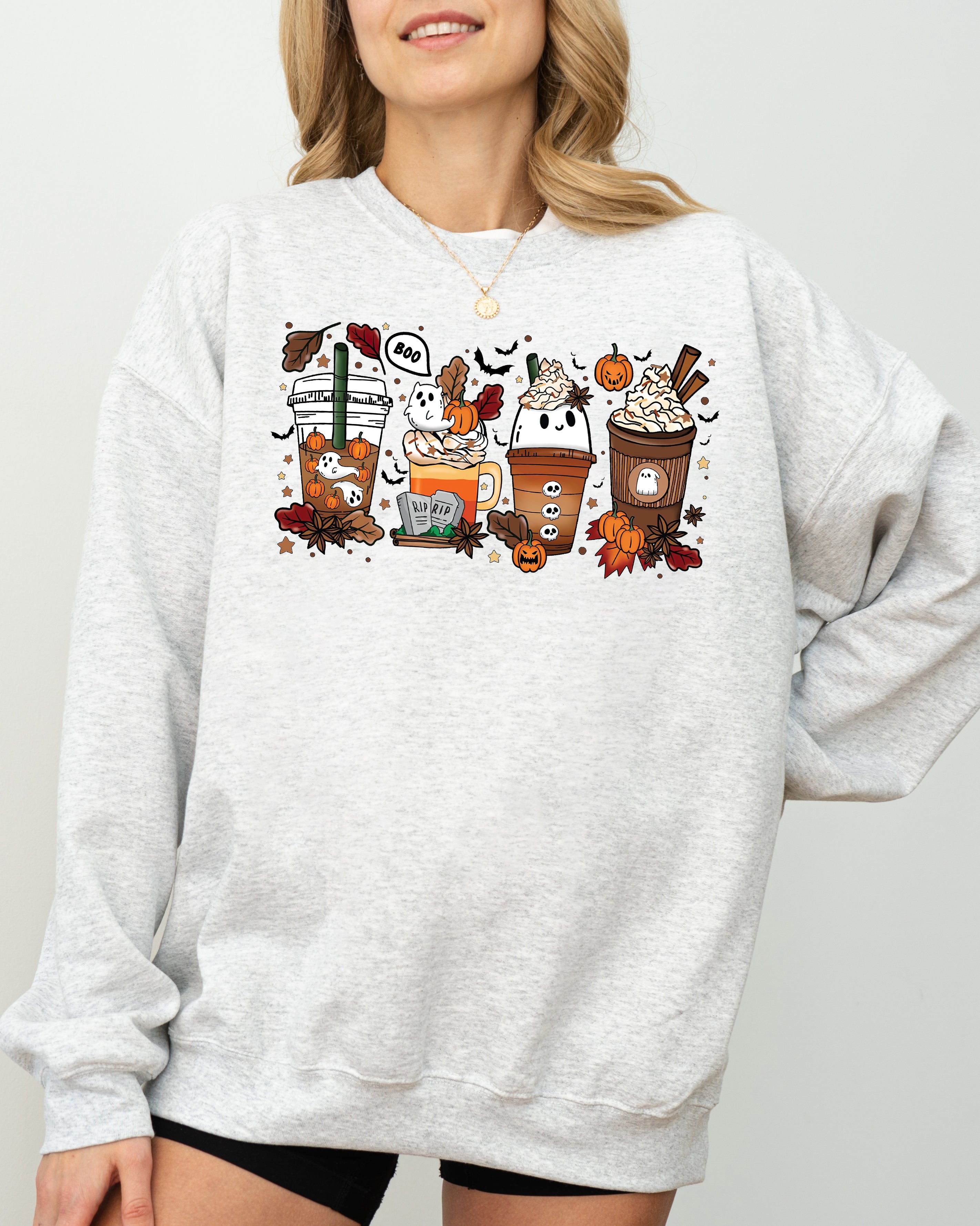 Halloween Coffee Horror Movie Spooky Skeleton Ghost Witch Skull Meme Costume Sweatshirt