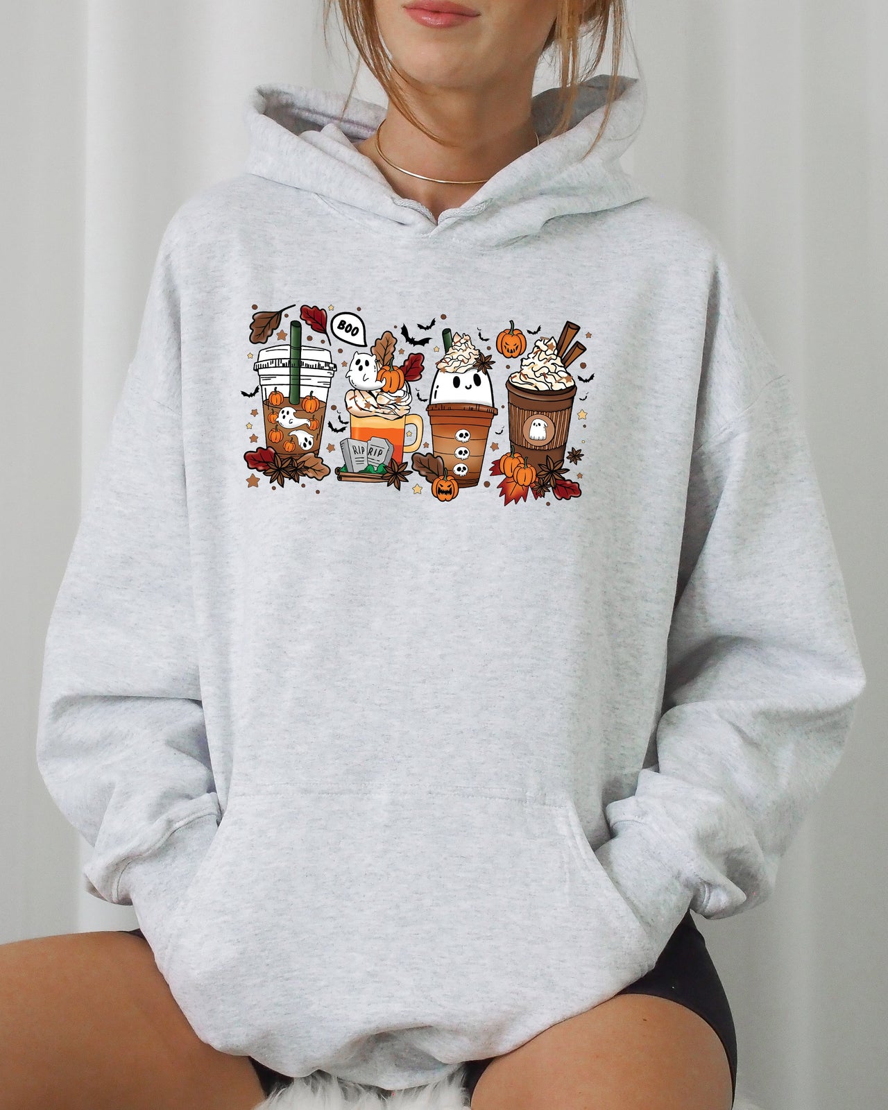 Halloween Coffee Horror Movie Spooky Skeleton Ghost Witch Skull Meme Costume Hoodie
