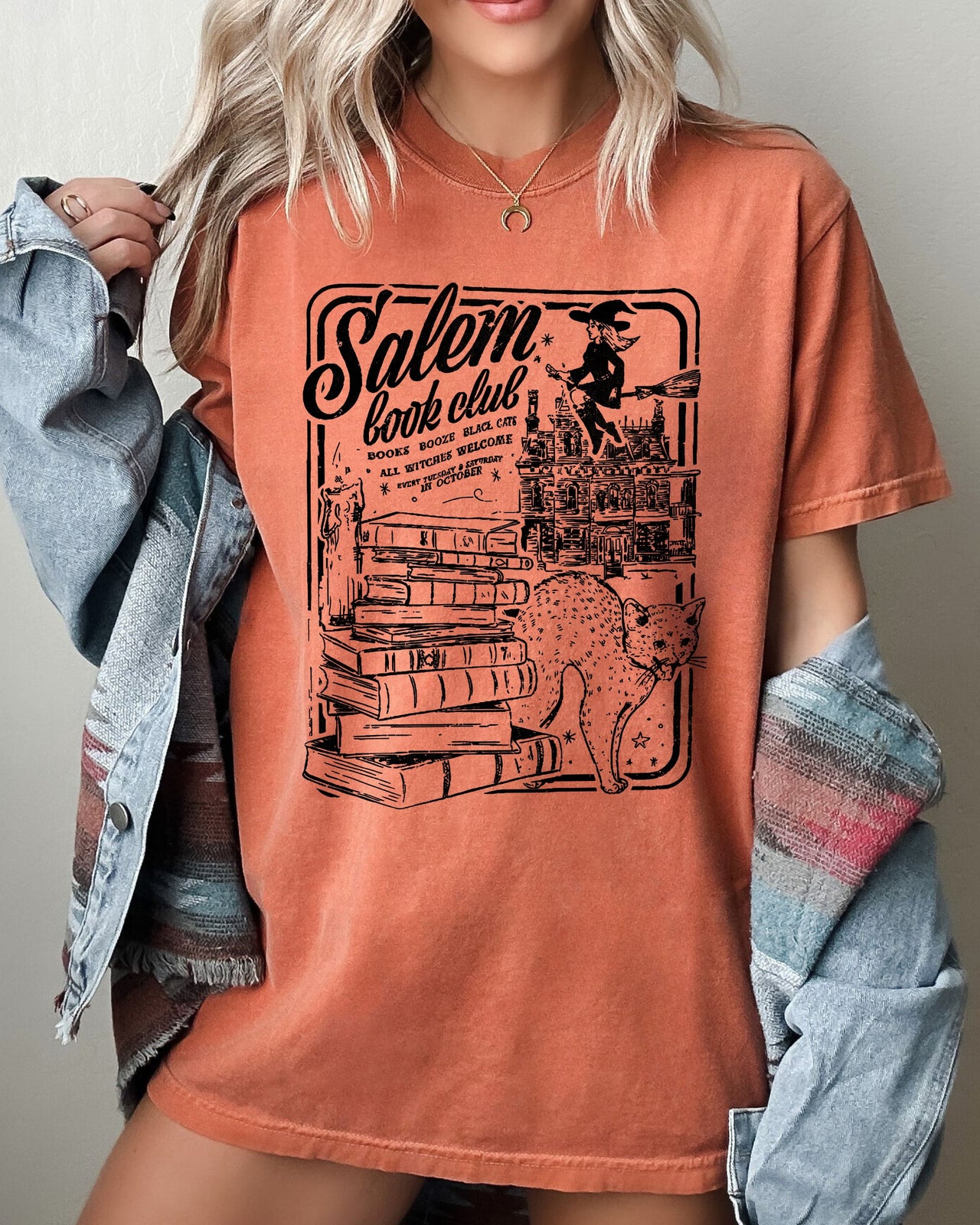 Salem Book Club Spooky Skeleton Ghost Witch Skull Aesthetic Meme Halloween Vibes Comfort Colors Tee