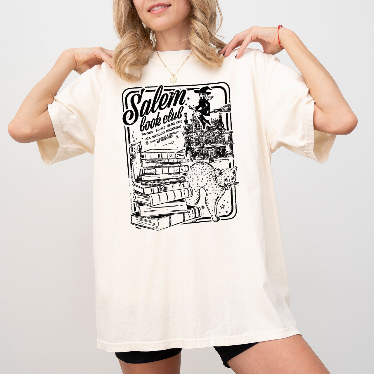 Salem Book Club Spooky Skeleton Ghost Witch Skull Aesthetic Meme Halloween Vibes Comfort Colors Tee