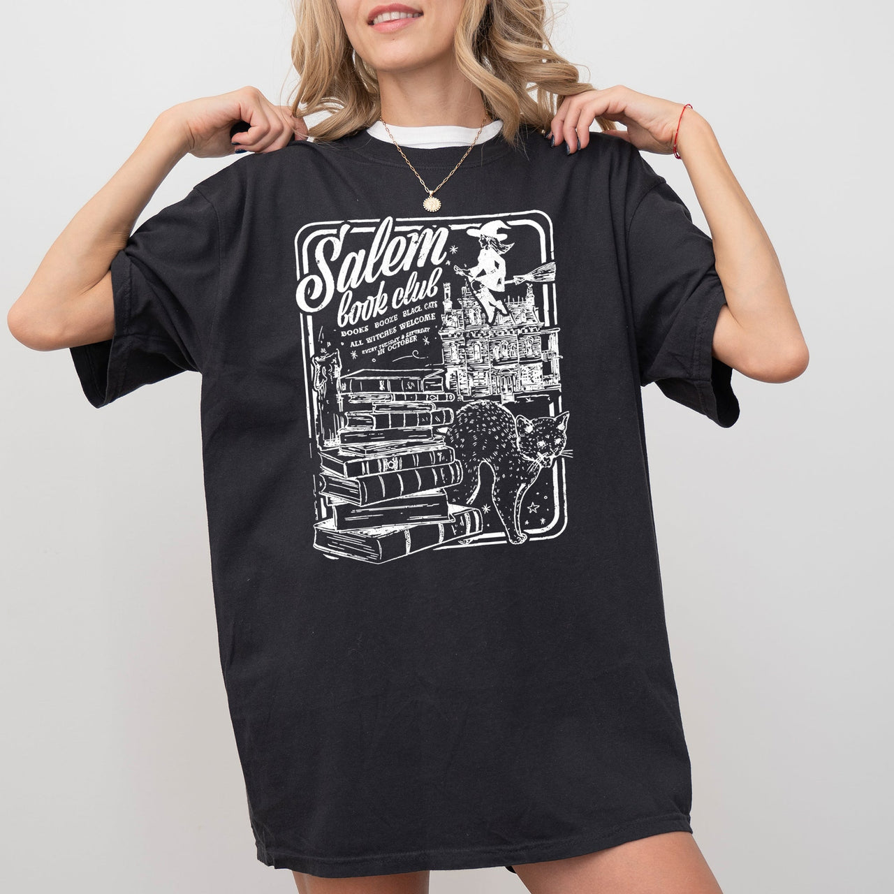 Salem Book Club Spooky Skeleton Ghost Witch Skull Aesthetic Meme Halloween Vibes Comfort Colors Tee