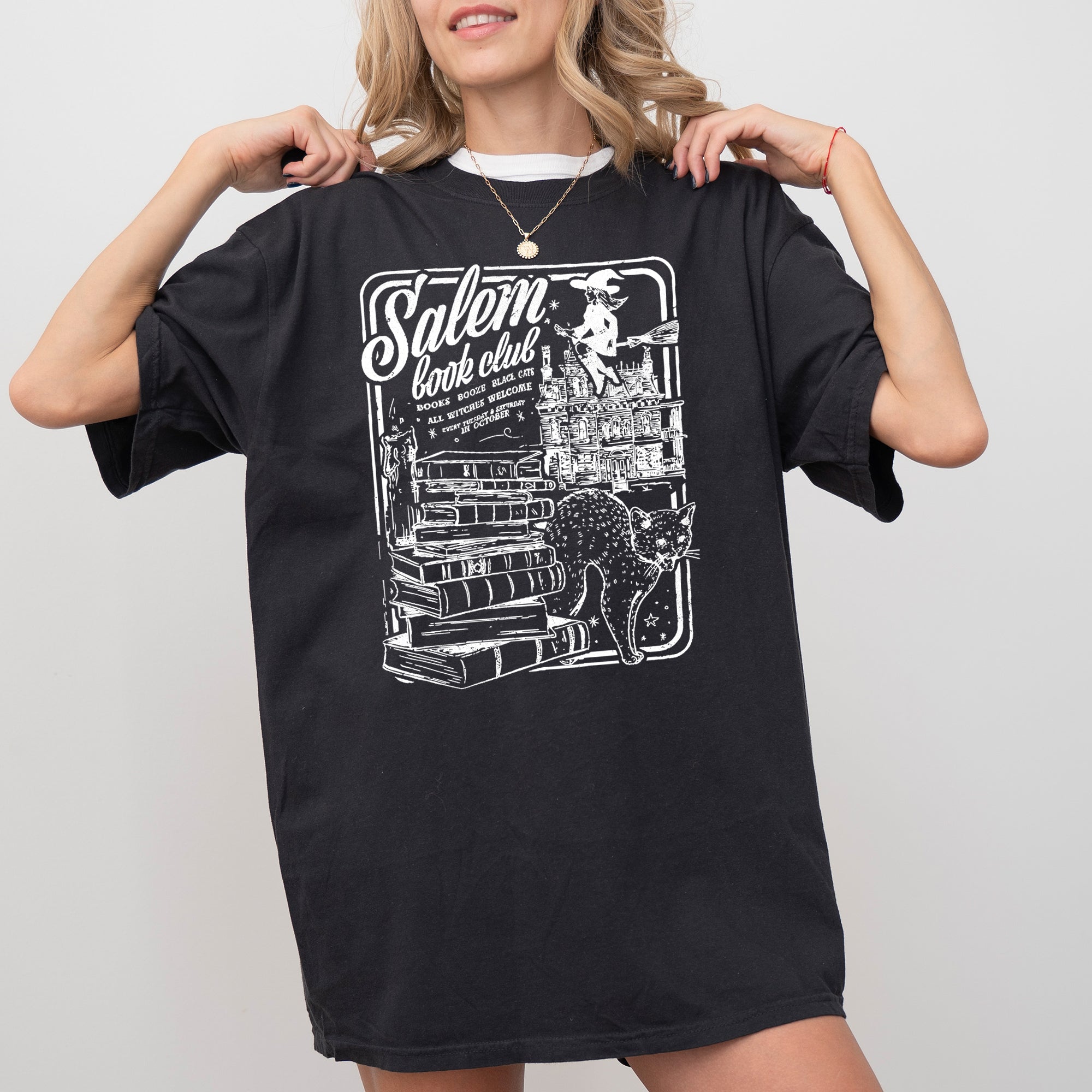Salem Book Club Spooky Skeleton Ghost Witch Skull Aesthetic Meme Halloween Vibes Comfort Colors Tee