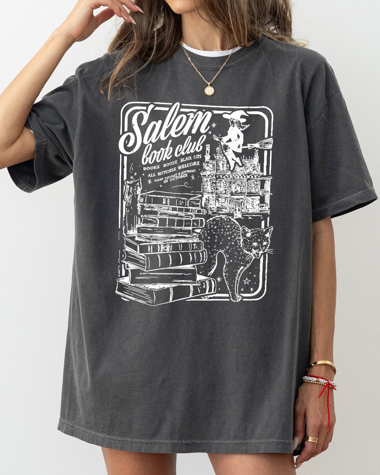 Salem Book Club Spooky Skeleton Ghost Witch Skull Aesthetic Meme Halloween Vibes Comfort Colors Tee