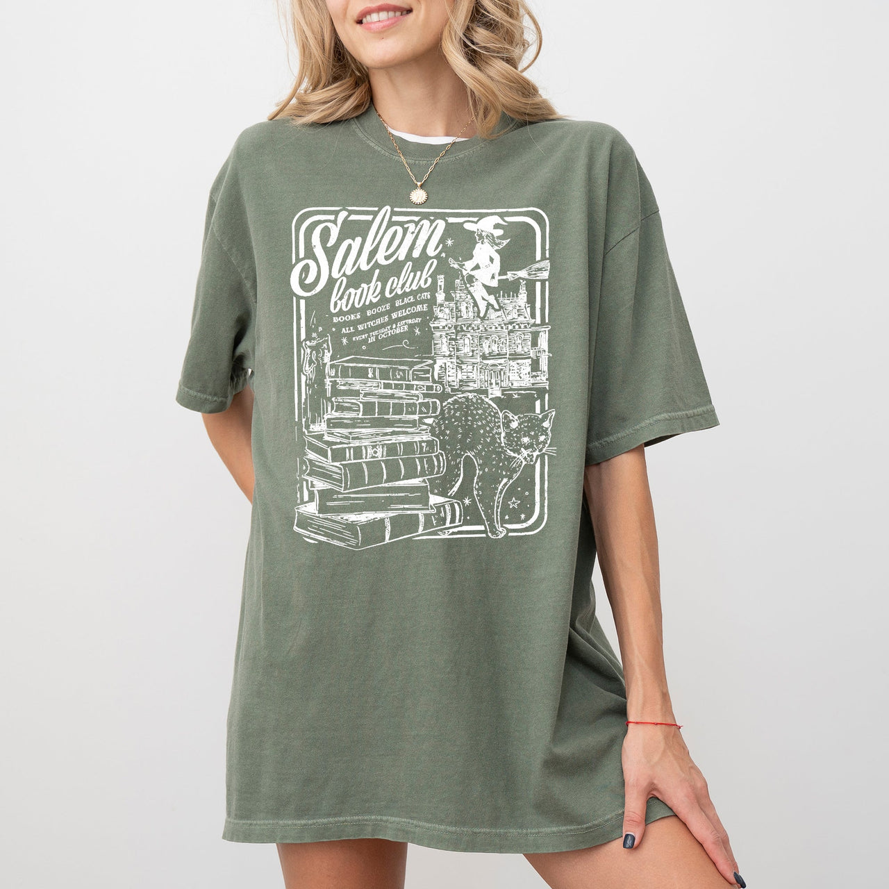 Salem Book Club Spooky Skeleton Ghost Witch Skull Aesthetic Meme Halloween Vibes Comfort Colors Tee