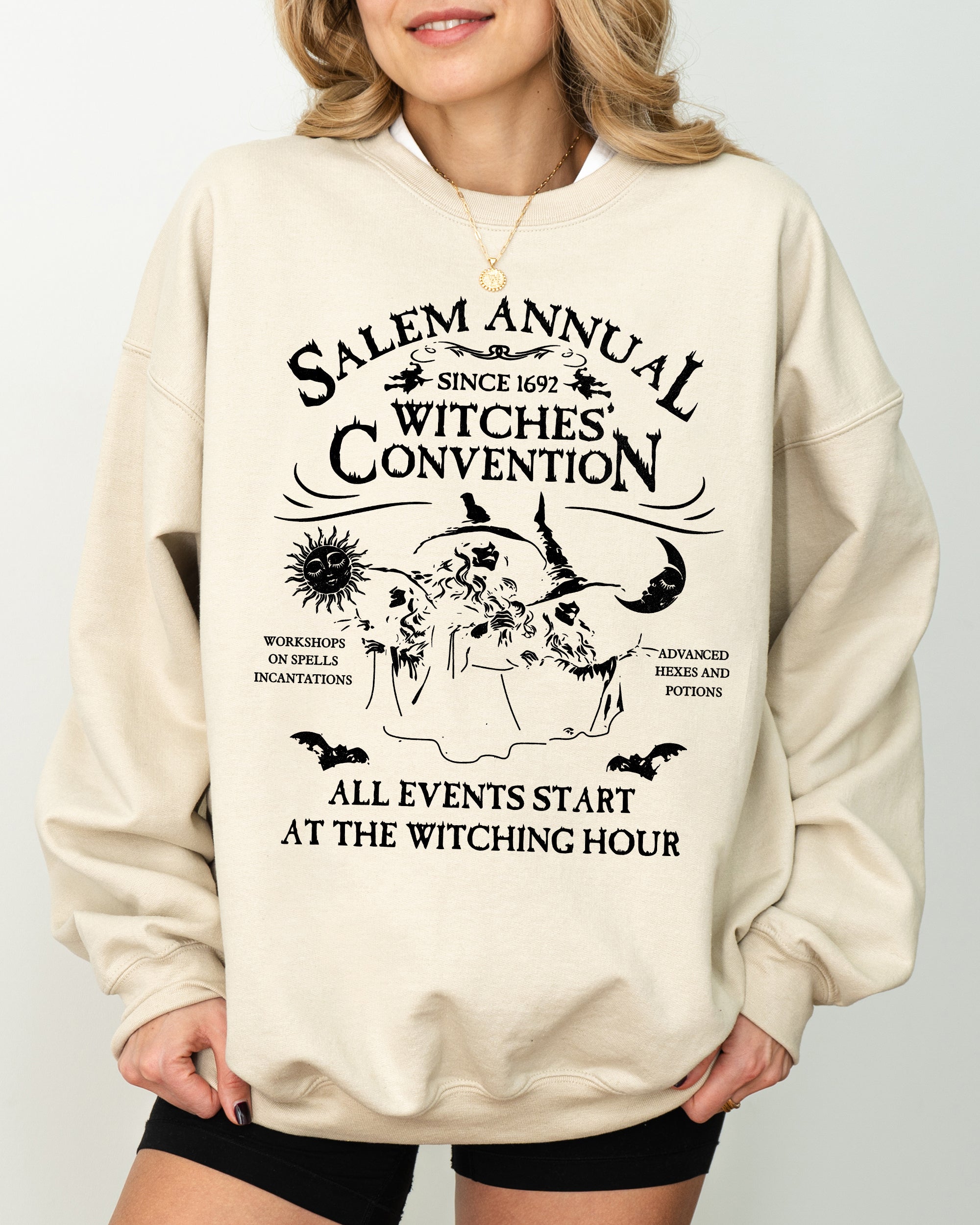 Salem Annual Witches Convention Spooky Skeleton Ghost Witch Skull Meme Halloween Costume Sweatshirt