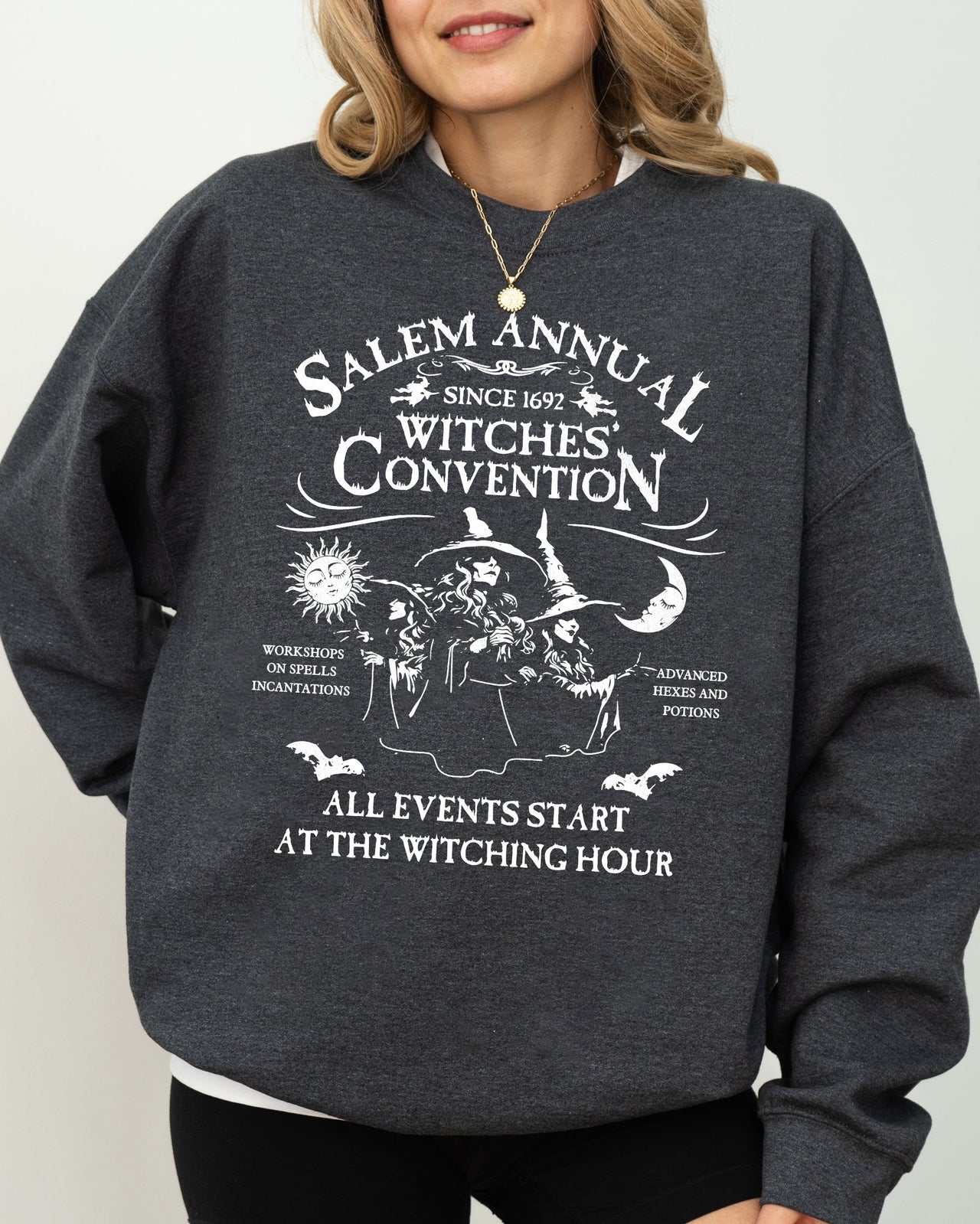 Salem Annual Witches Convention Spooky Skeleton Ghost Witch Skull Meme Halloween Costume Sweatshirt