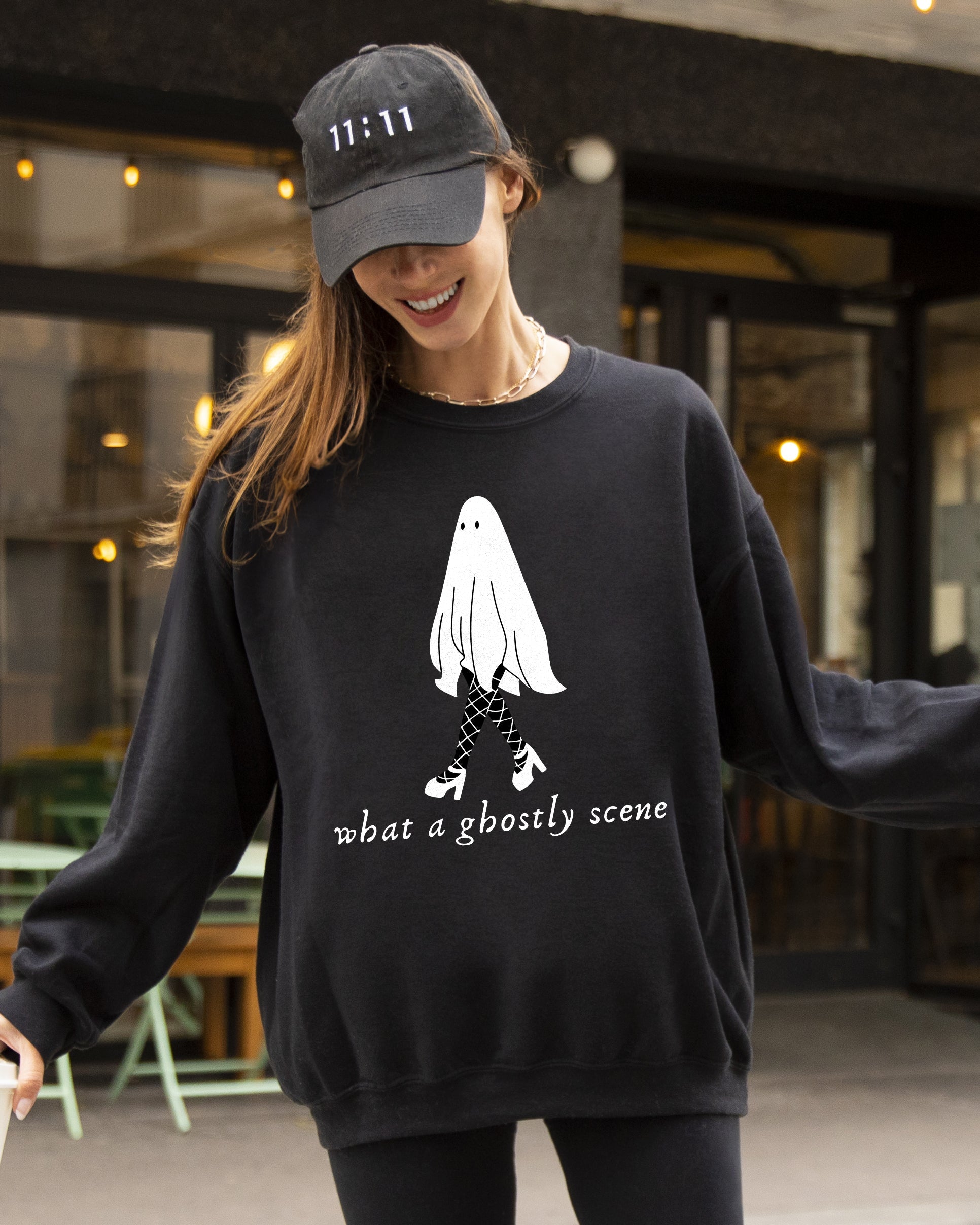 What A Ghostly Scene Spooky Skeleton Ghost Witch Skull Halloween Costume Sweatshirt
