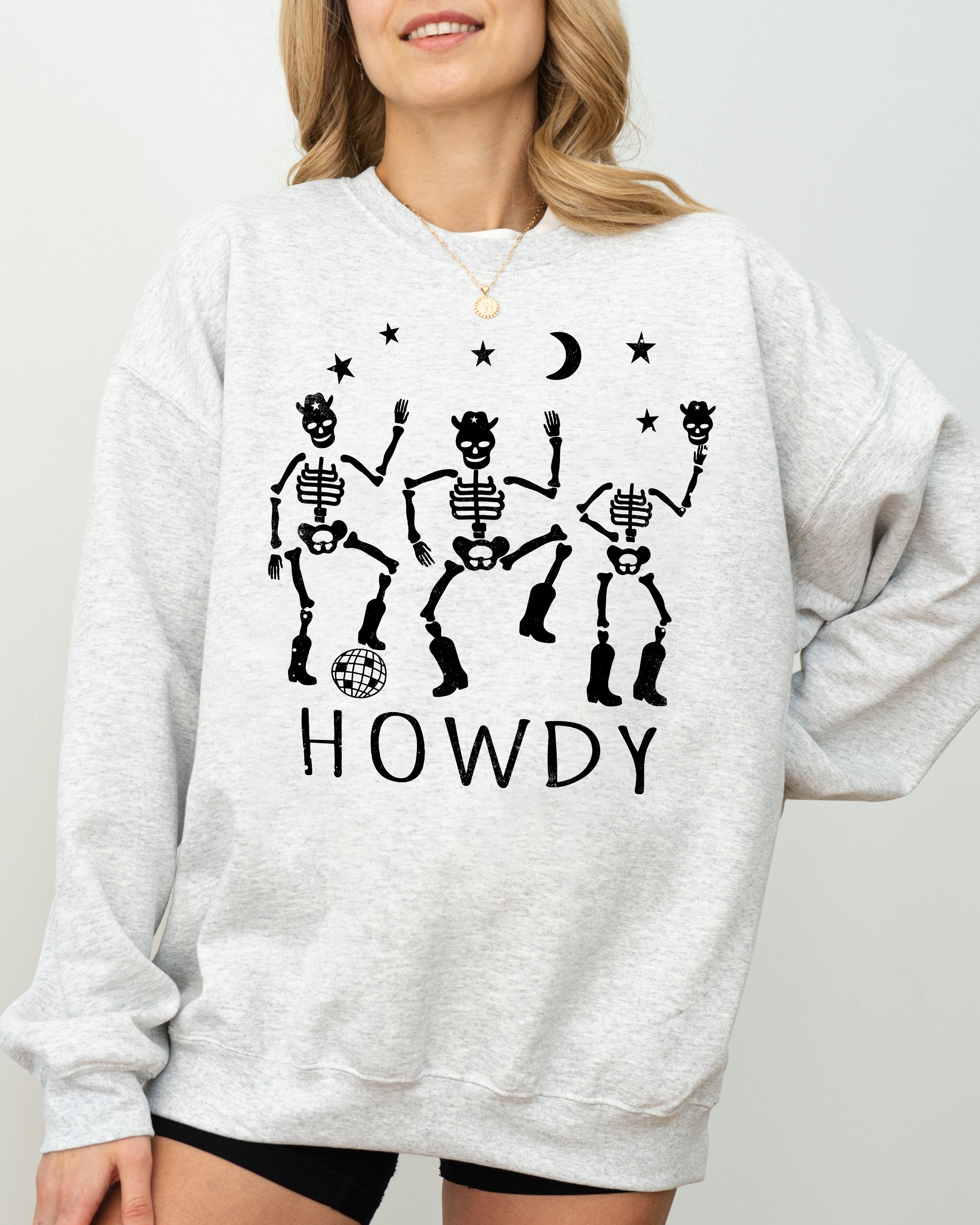 Dancing Skeletons Howdy Spooky Ghost Witch Skull Meme Halloween Party Mascot Sweatshirt