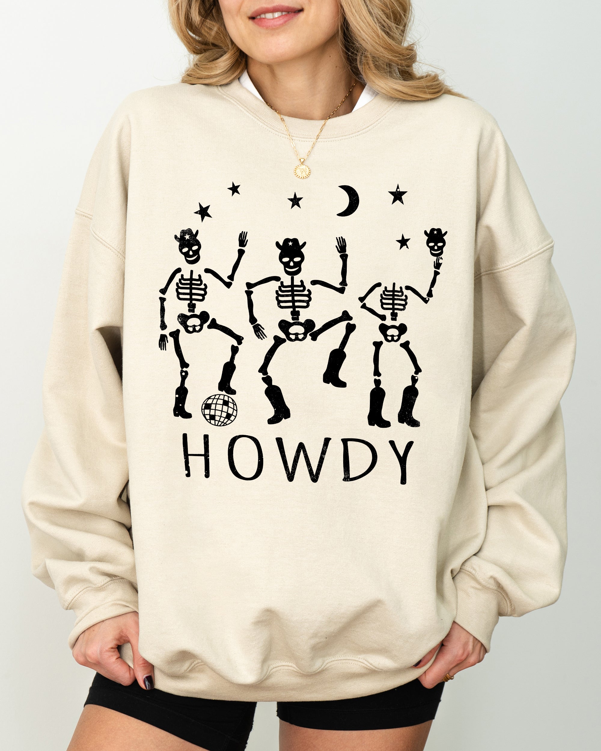 Dancing Skeletons Howdy Spooky Ghost Witch Skull Meme Halloween Party Mascot Sweatshirt